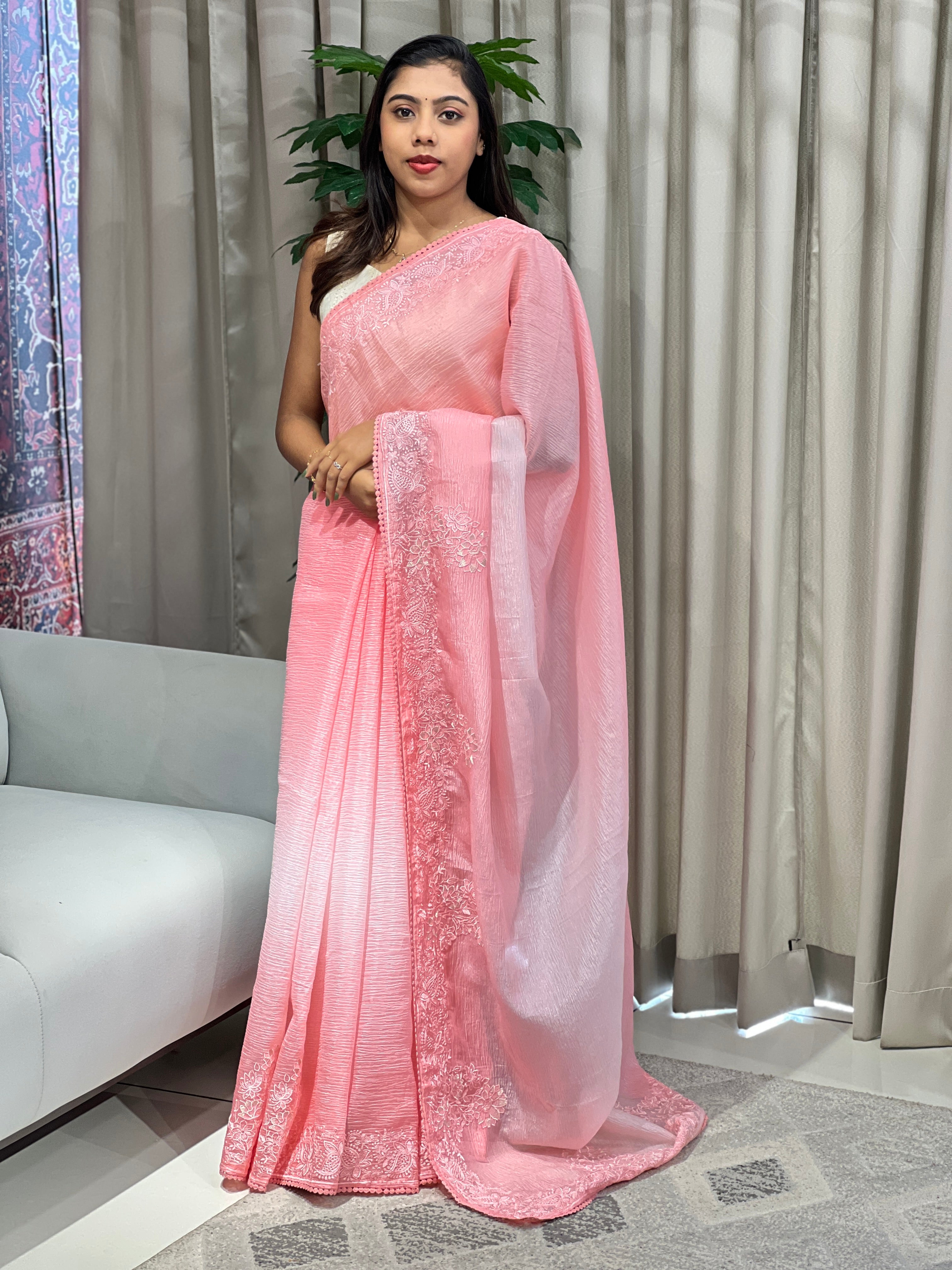 Floral Embroidery Detailed Crushed Shimmer Organza Saree | BLD2043