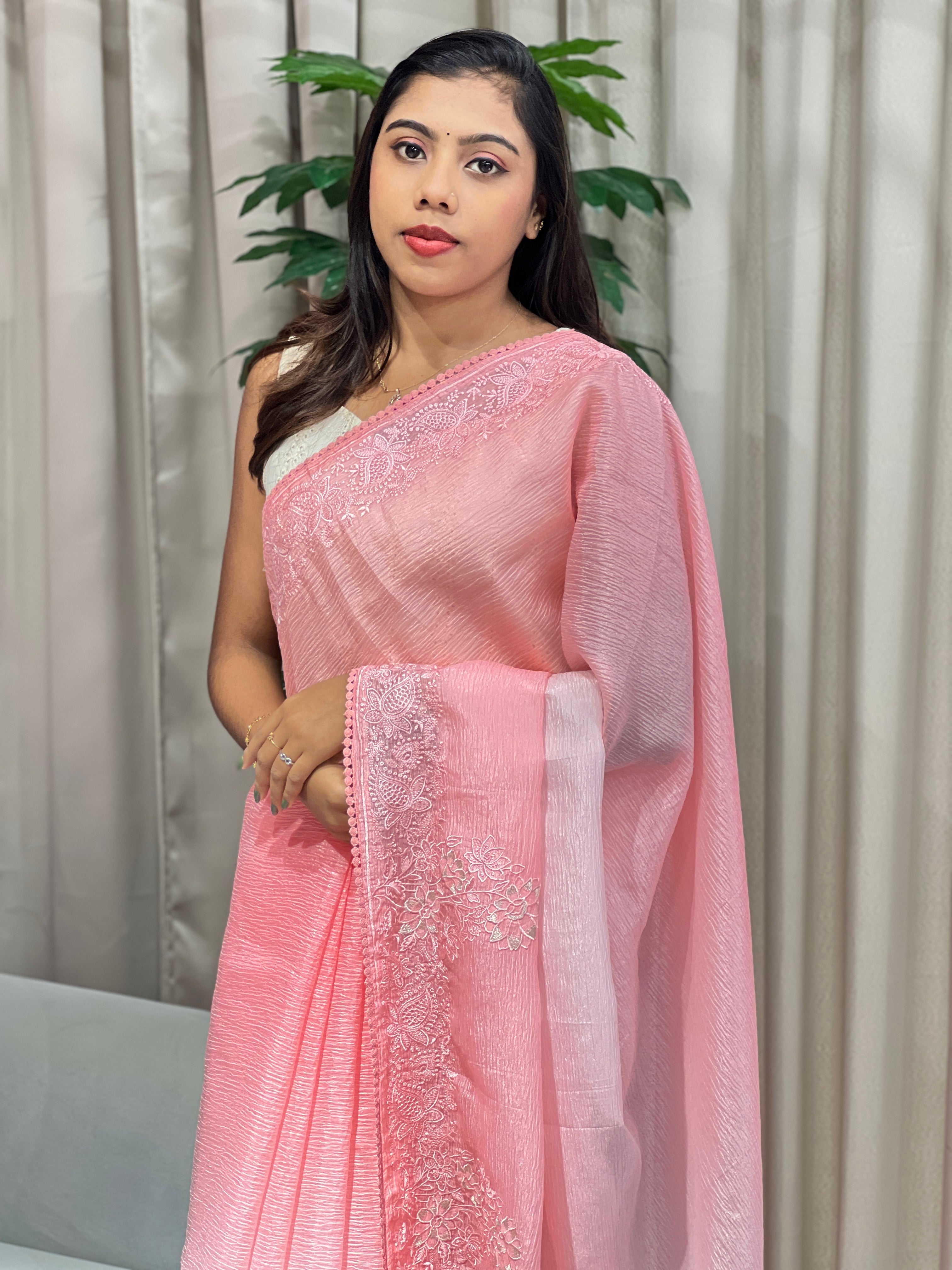 Floral Embroidery Detailed Crushed Shimmer Organza Saree | BLD2043