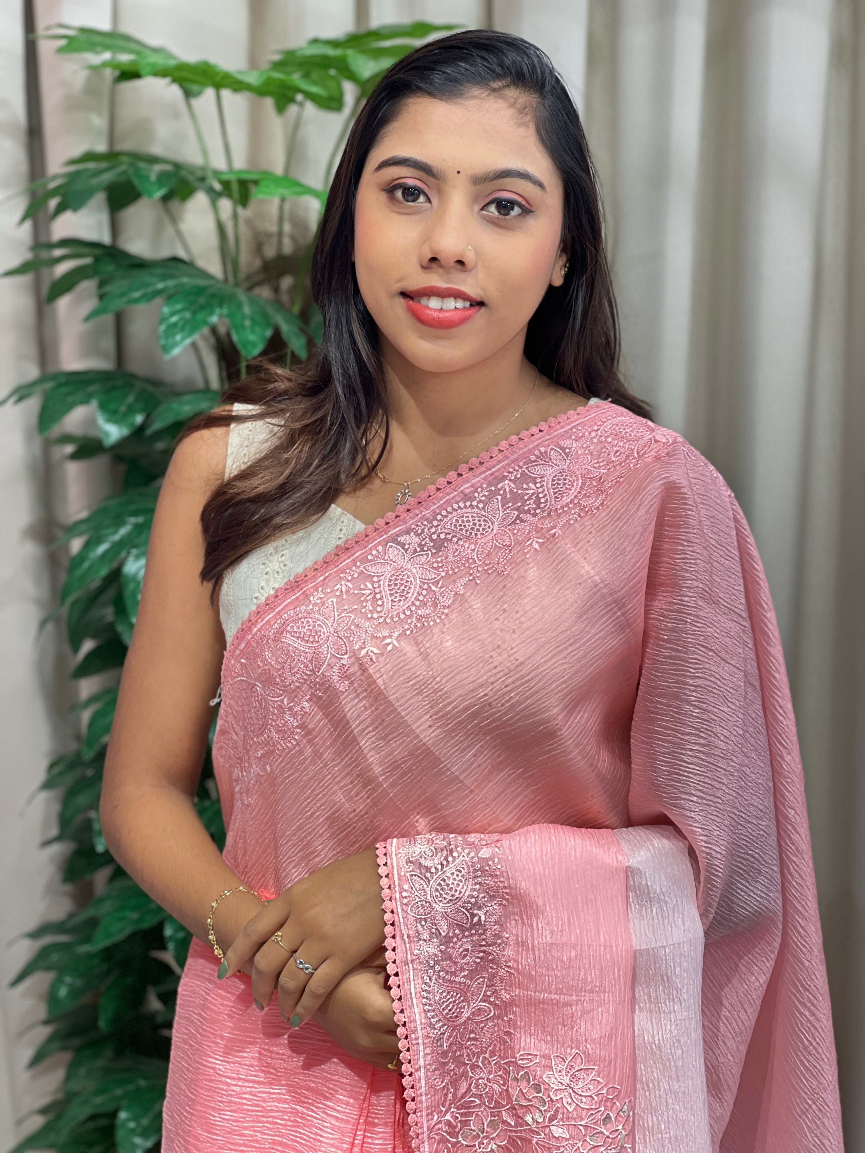 Floral Embroidery Detailed Crushed Shimmer Organza Saree | BLD2043