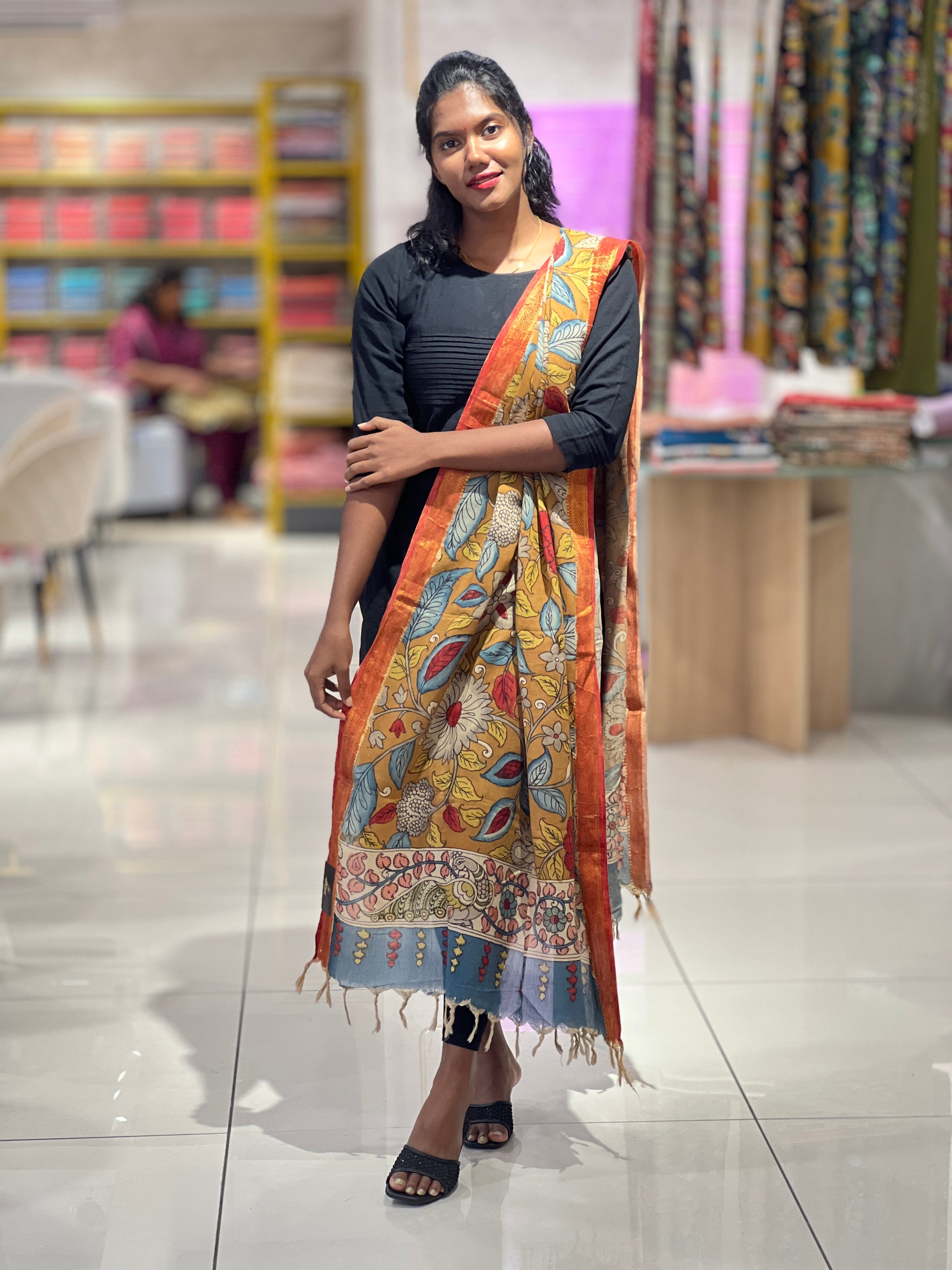 Traditional Pen Kalamkari With Mangalgiri Border Detailed Chanderi Dupatta | DE202