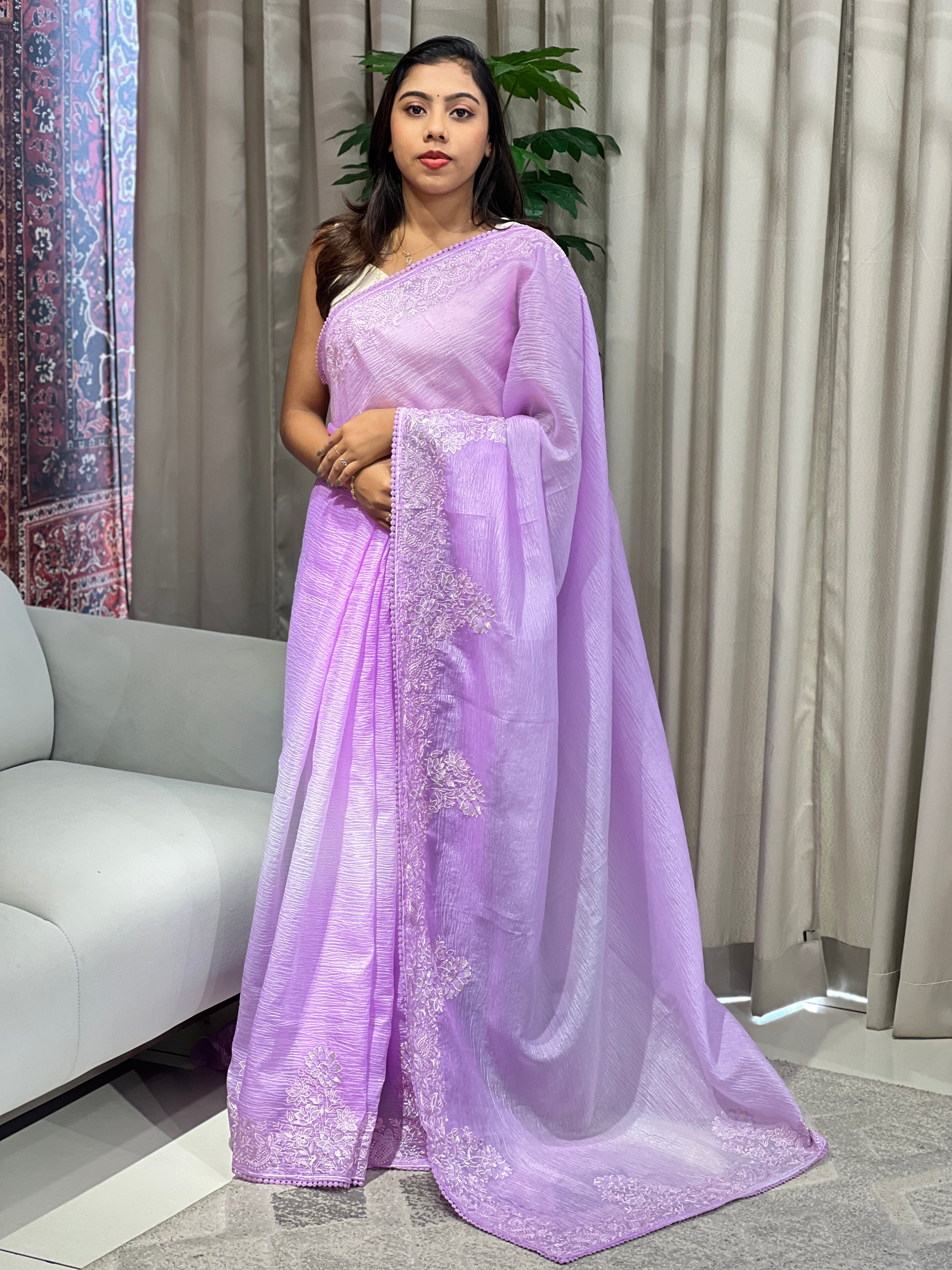 Floral Embroidery Detailed Crushed Shimmer Organza Saree | BLD2044