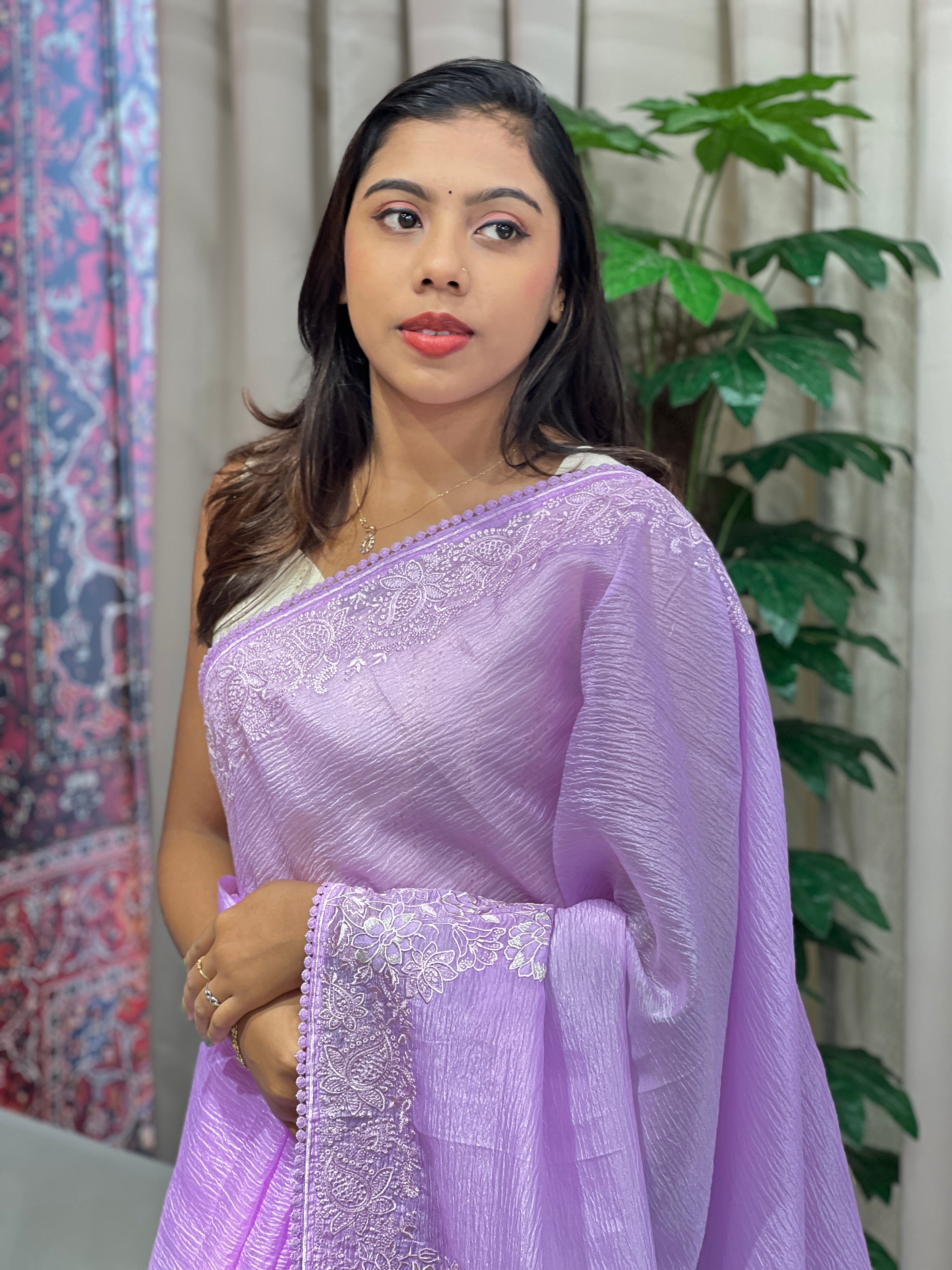 Floral Embroidery Detailed Crushed Shimmer Organza Saree | BLD2044