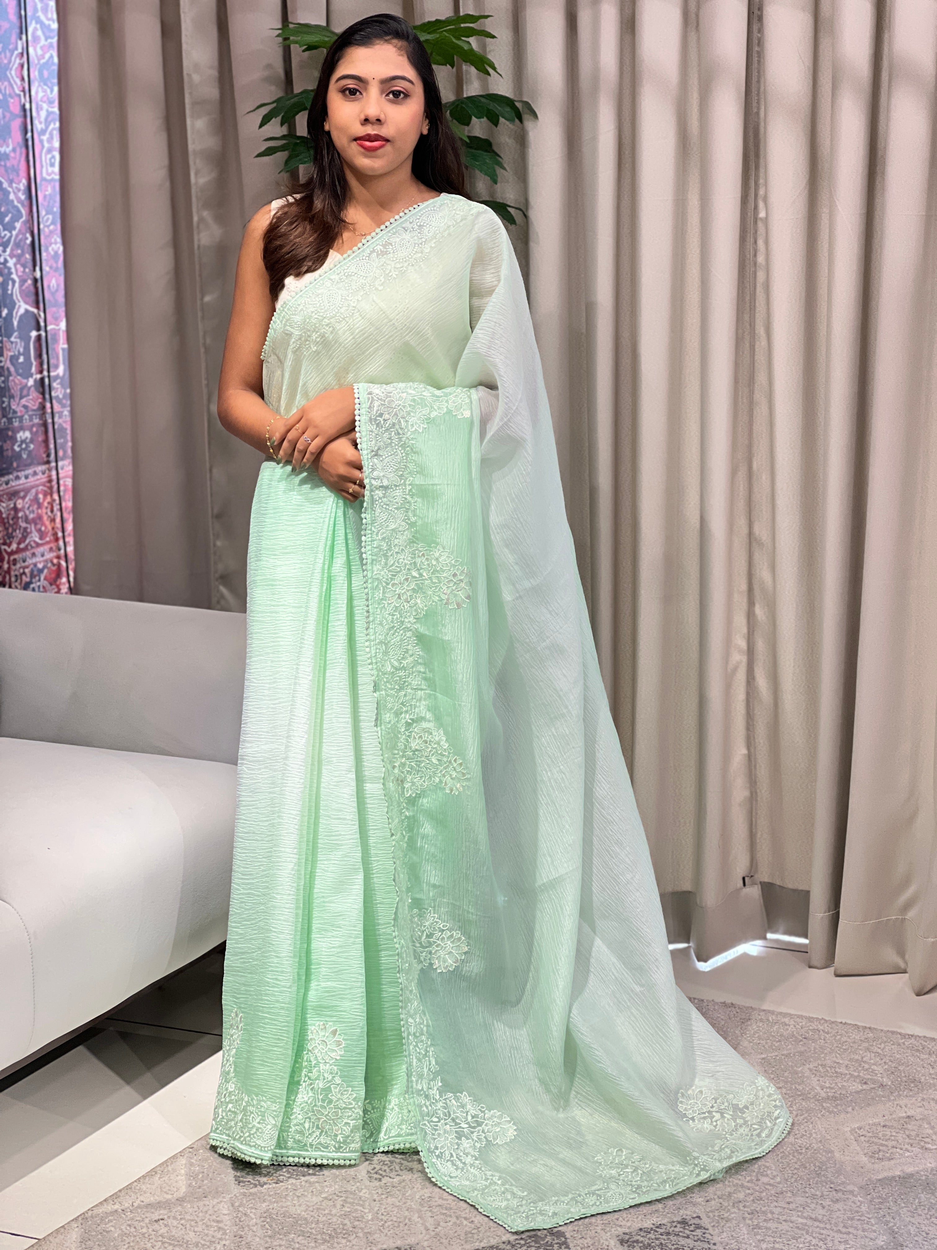 Floral Embroidery Detailed Crushed Shimmer Organza Saree | BLD2045