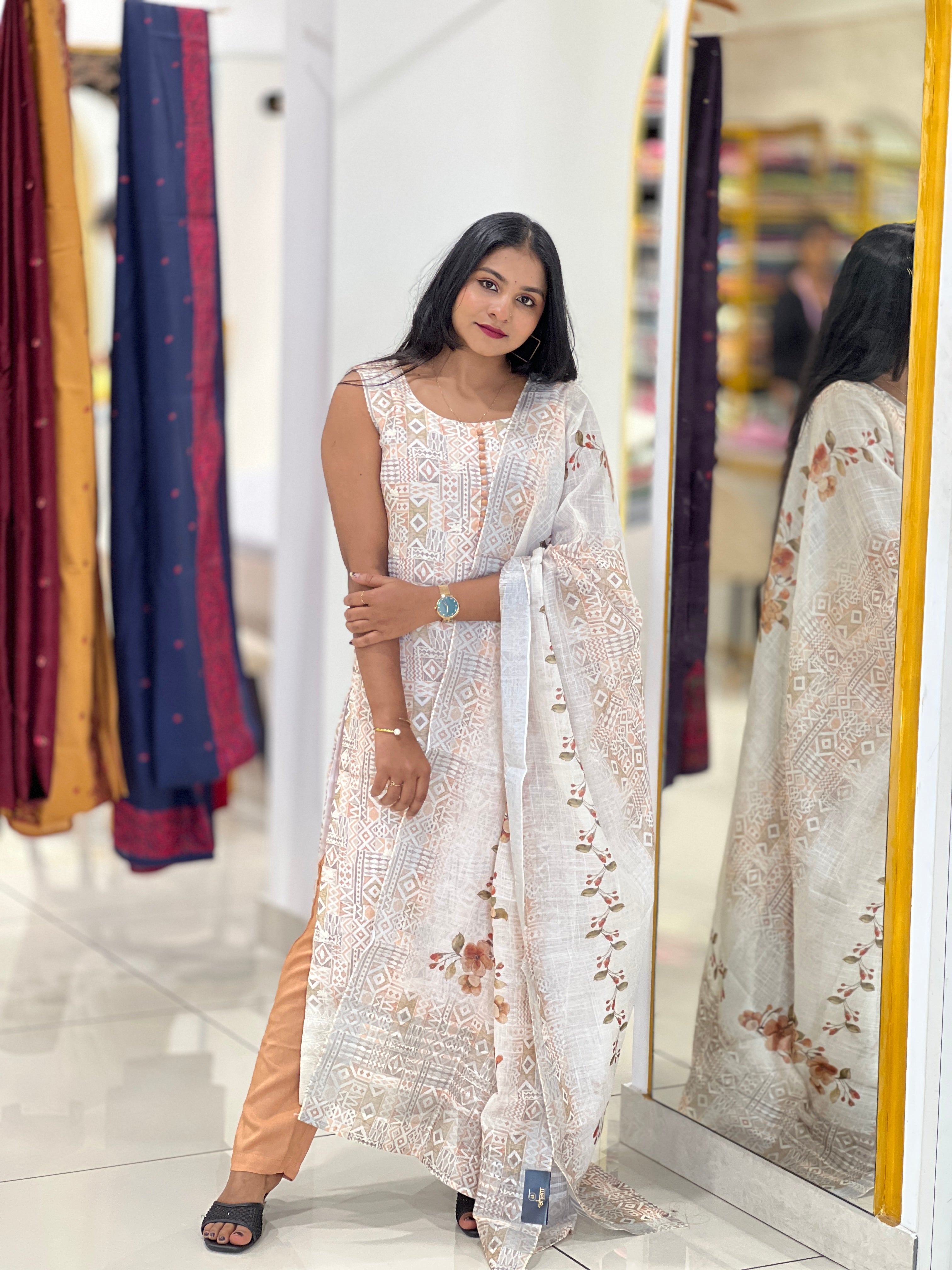 Printed Machine Embroidery Detailed Linen Kurta Set | NAI126