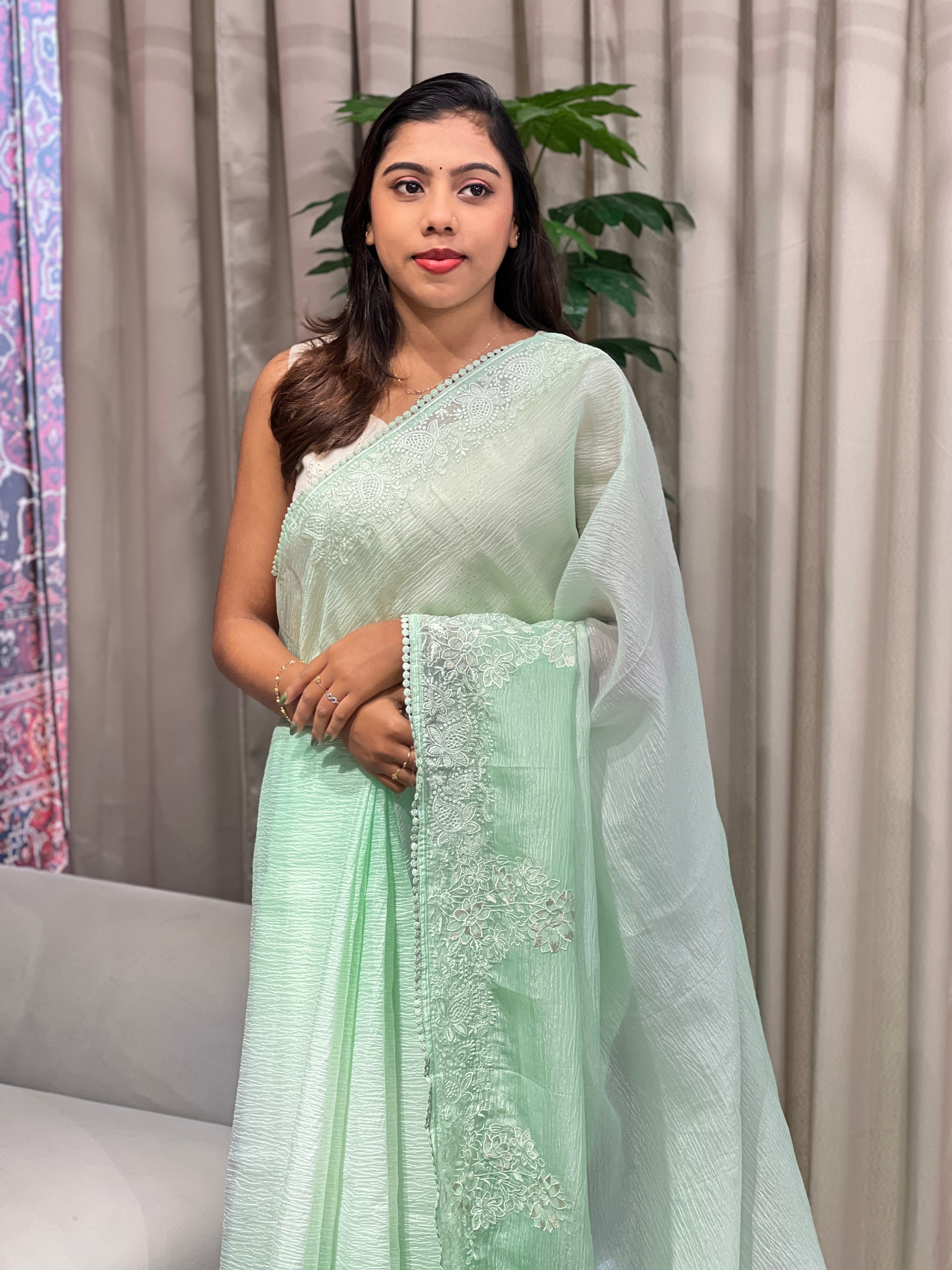 Floral Embroidery Detailed Crushed Shimmer Organza Saree | BLD2045