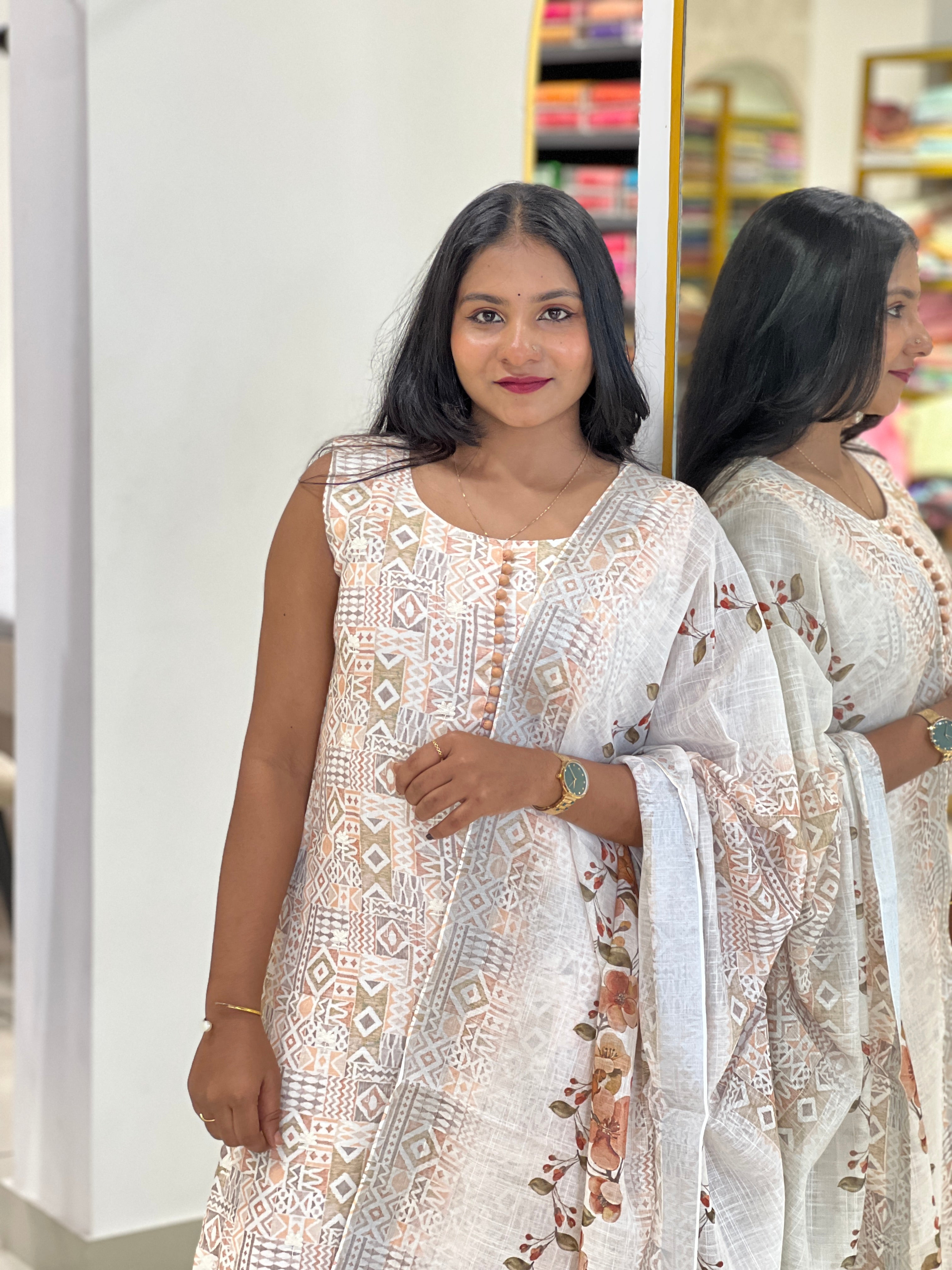 Printed Machine Embroidery Detailed Linen Kurta Set | NAI126