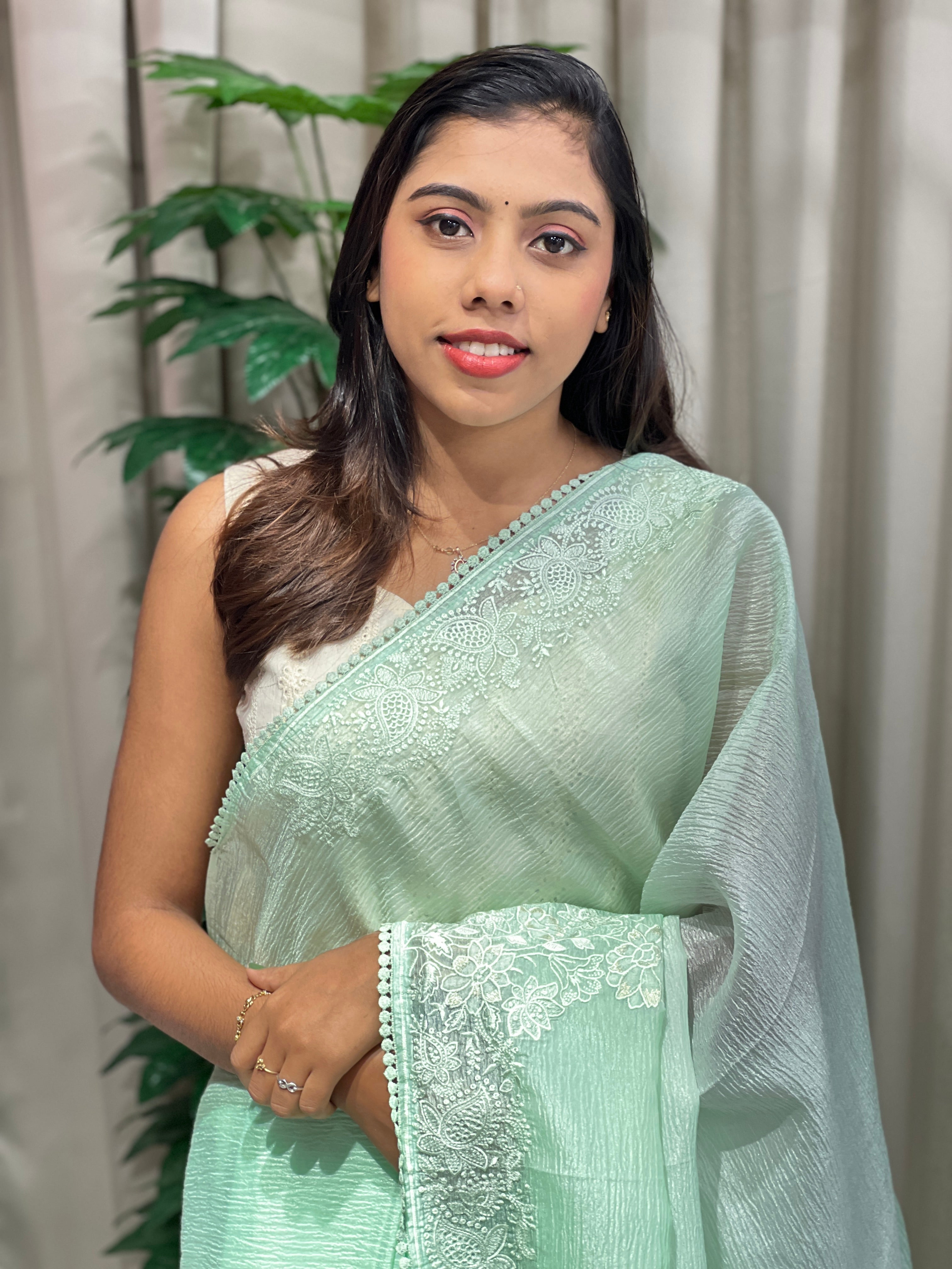 Floral Embroidery Detailed Crushed Shimmer Organza Saree | BLD2045