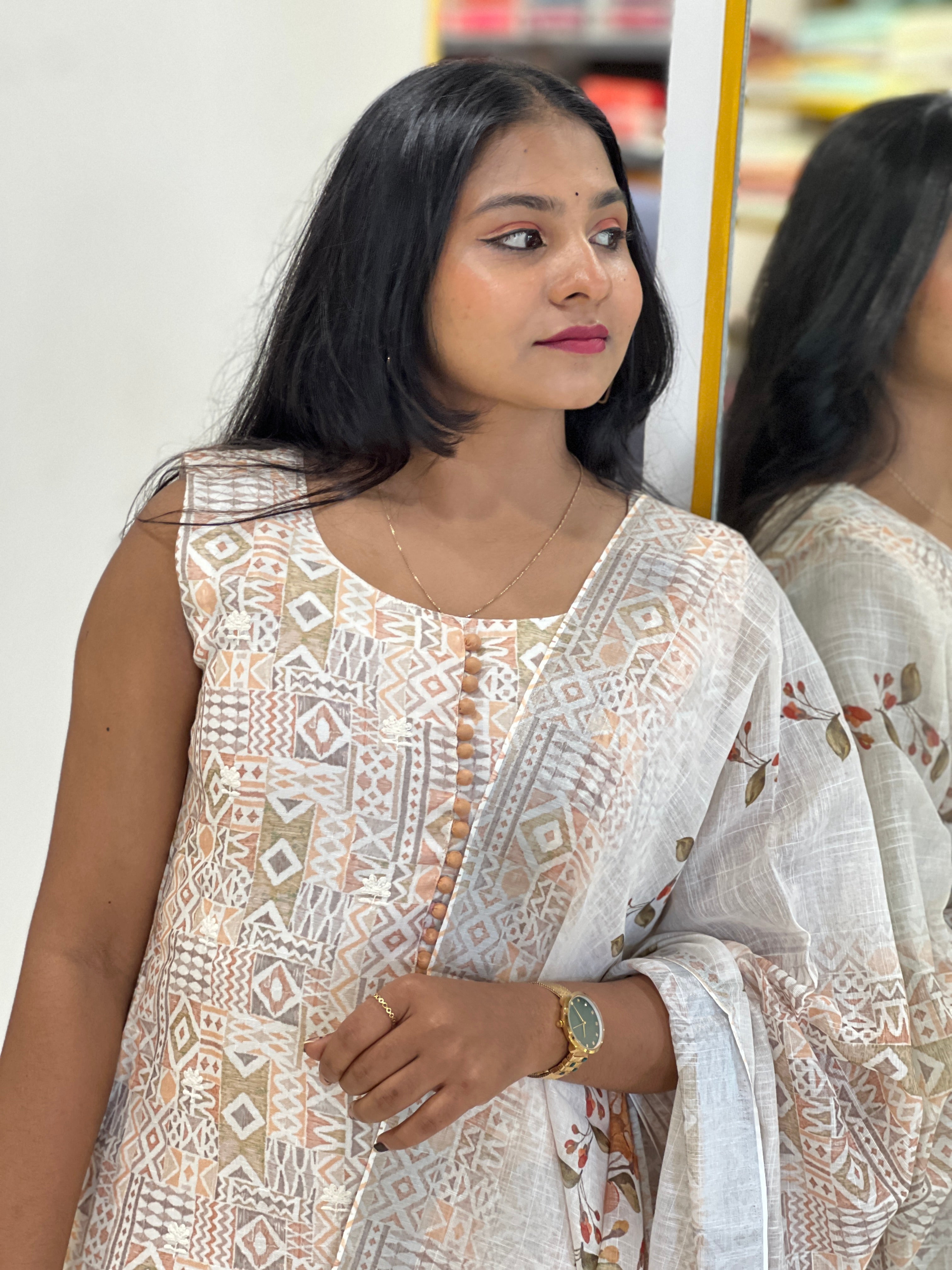 Printed Machine Embroidery Detailed Linen Kurta Set | NAI126
