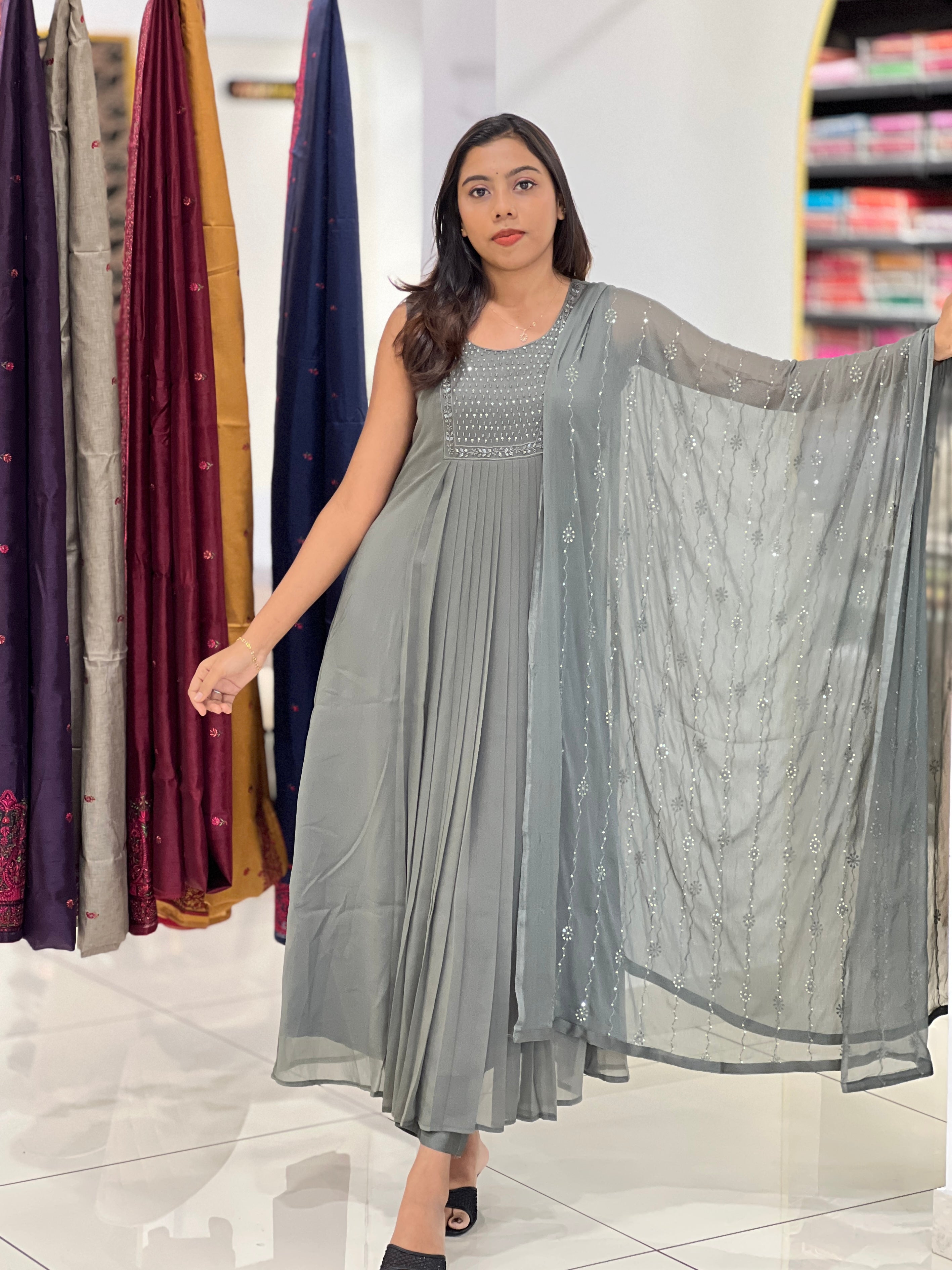 A-Line Patterned Chinnon Kurta Set | BR115