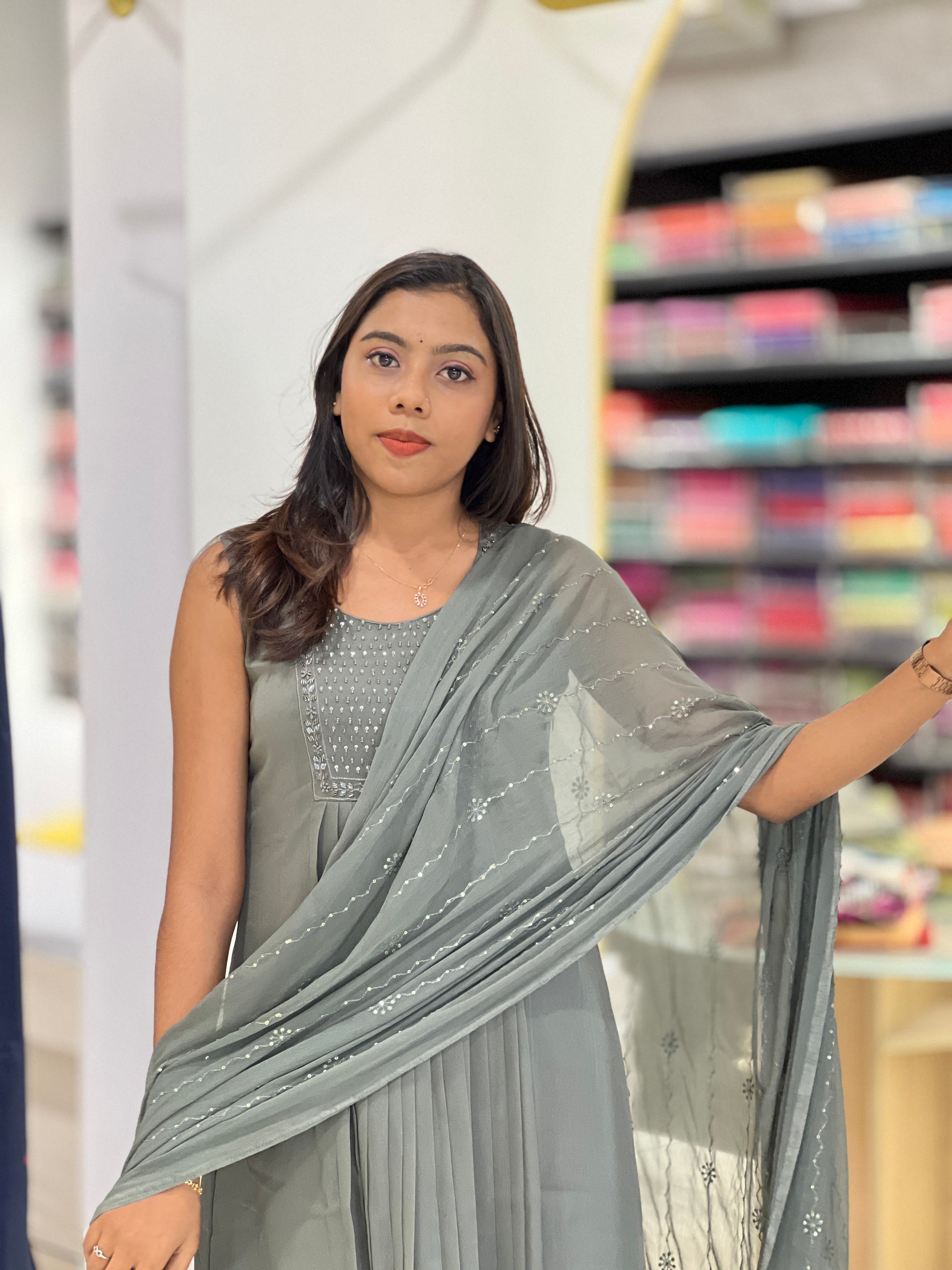 A-Line Patterned Chinnon Kurta Set | BR115