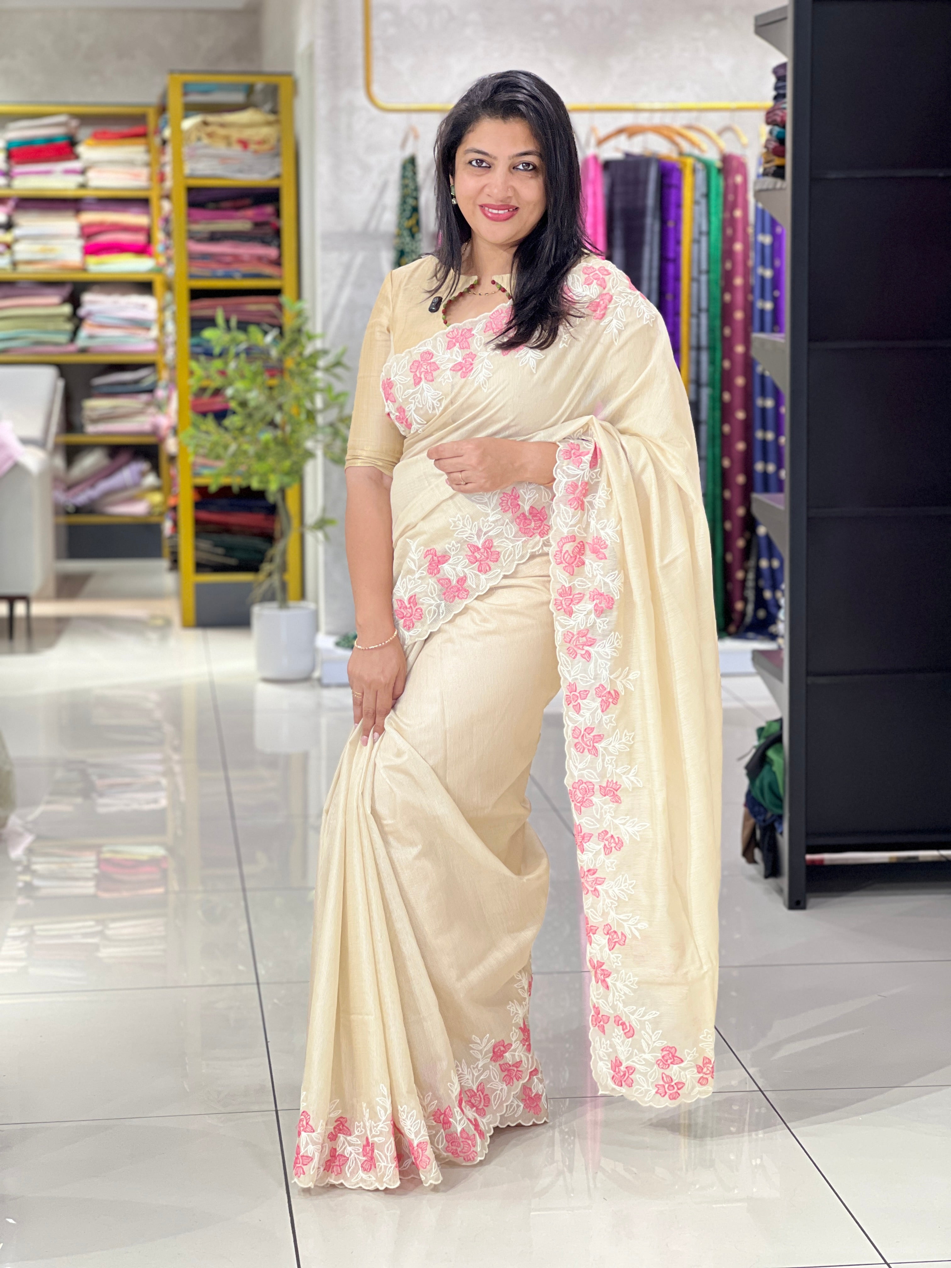 Embroidered Floral Border Design Supernet Kota | SS1484