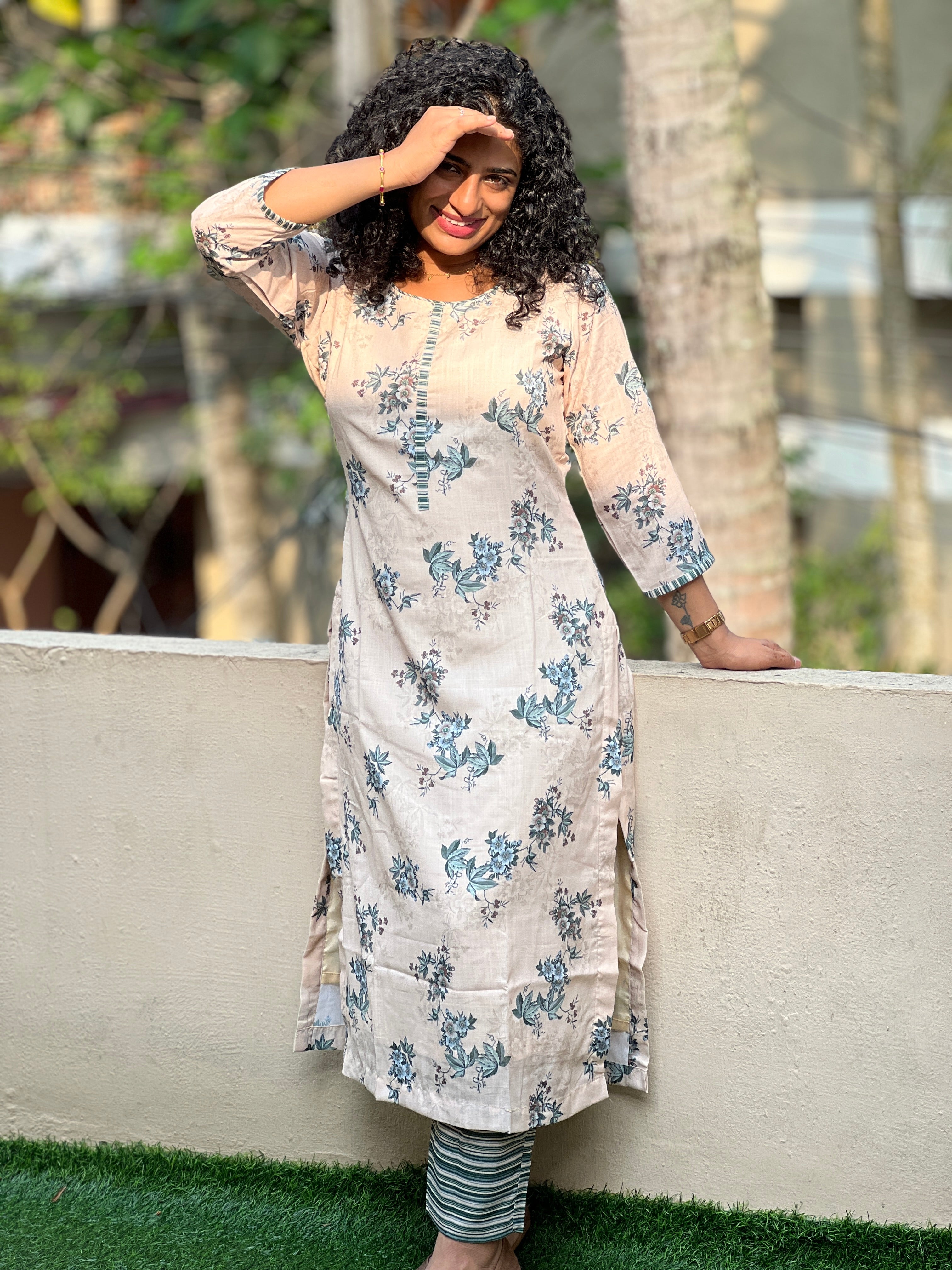 Floral Design Slub Cotton Kurta Set | SV239