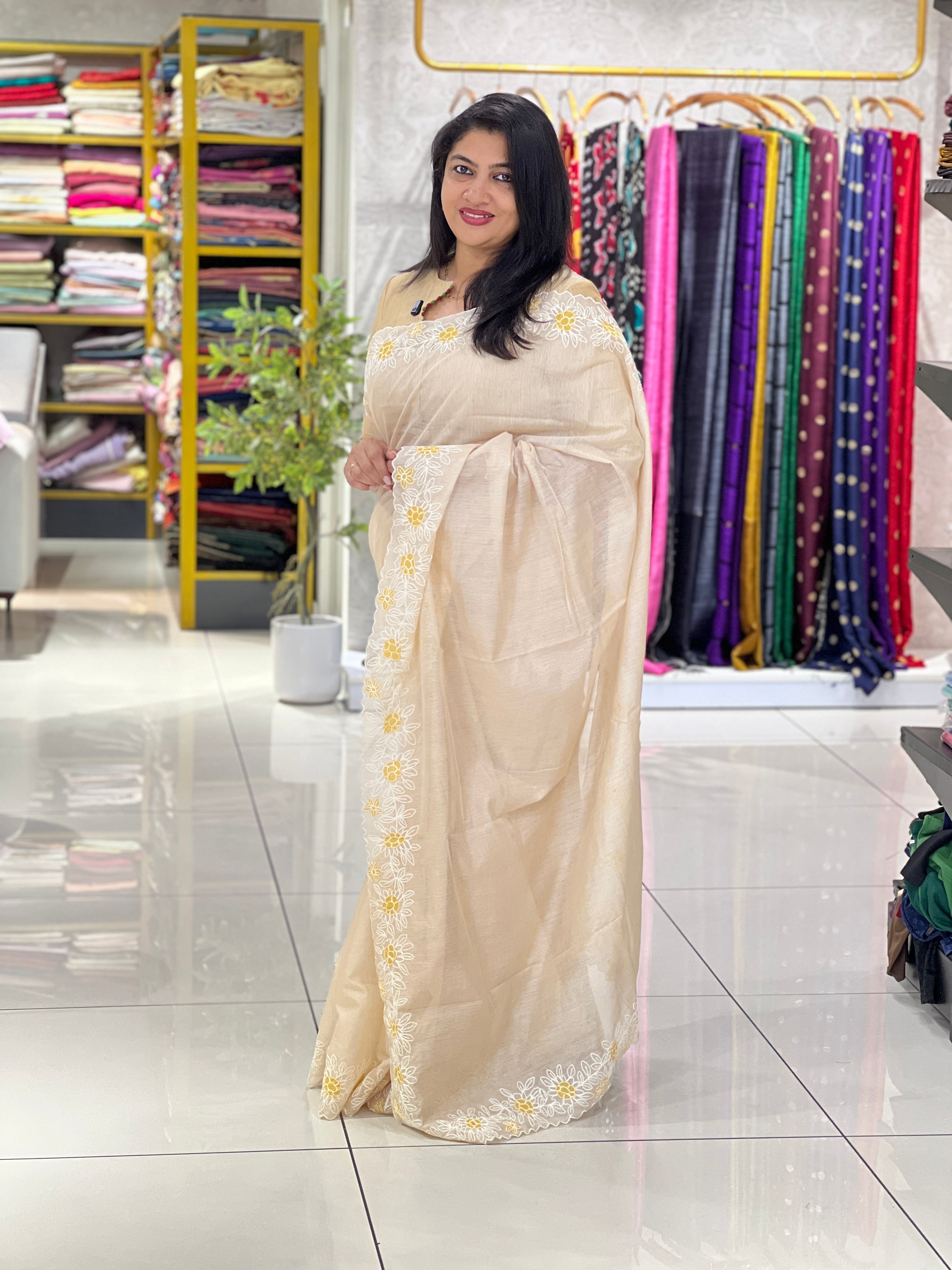 Embroidered Floral Border Design Supernet Kota | SS1487