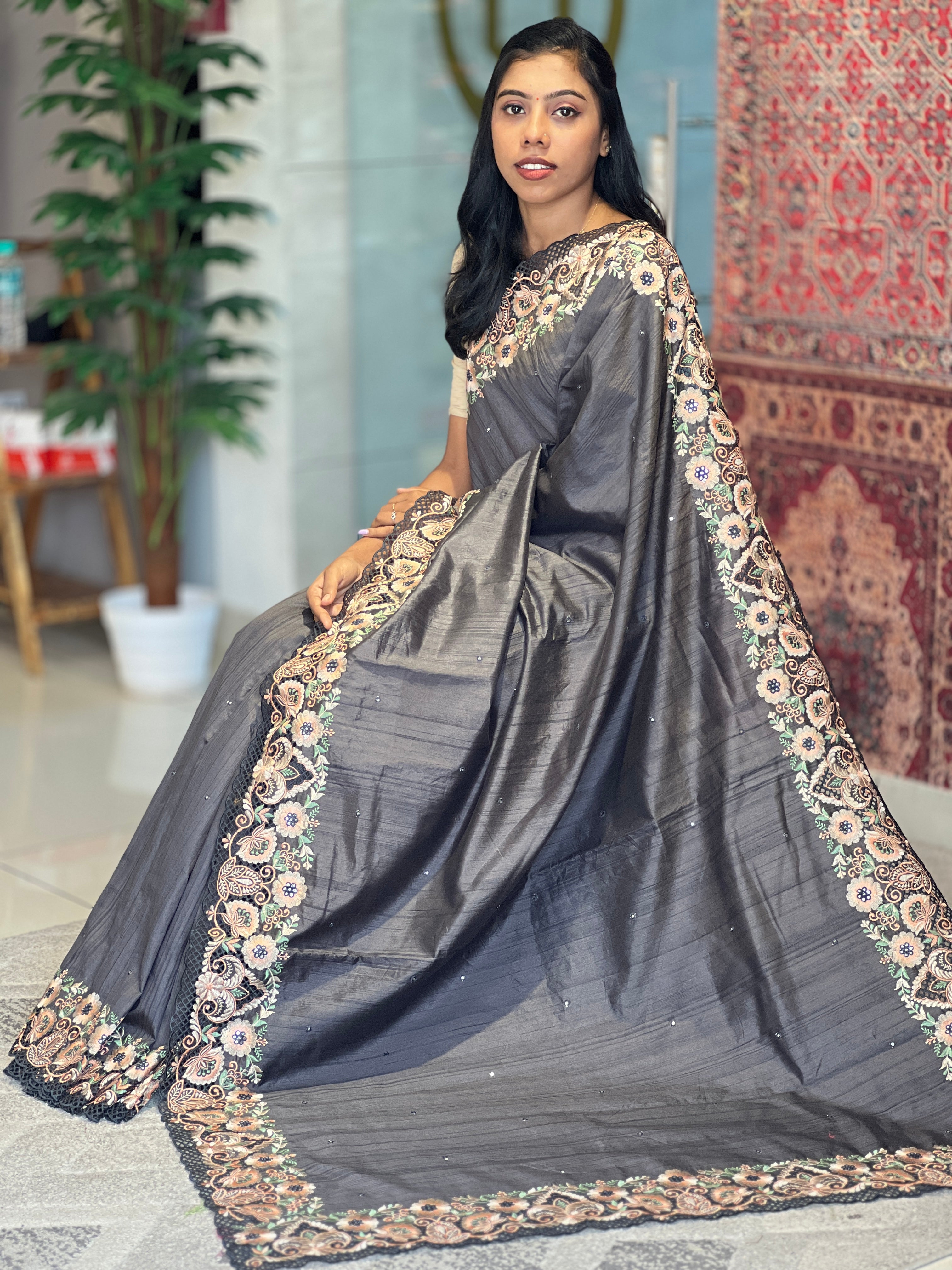 Tussar Finish Semi Silk Saree With Cut Work  |  RP267