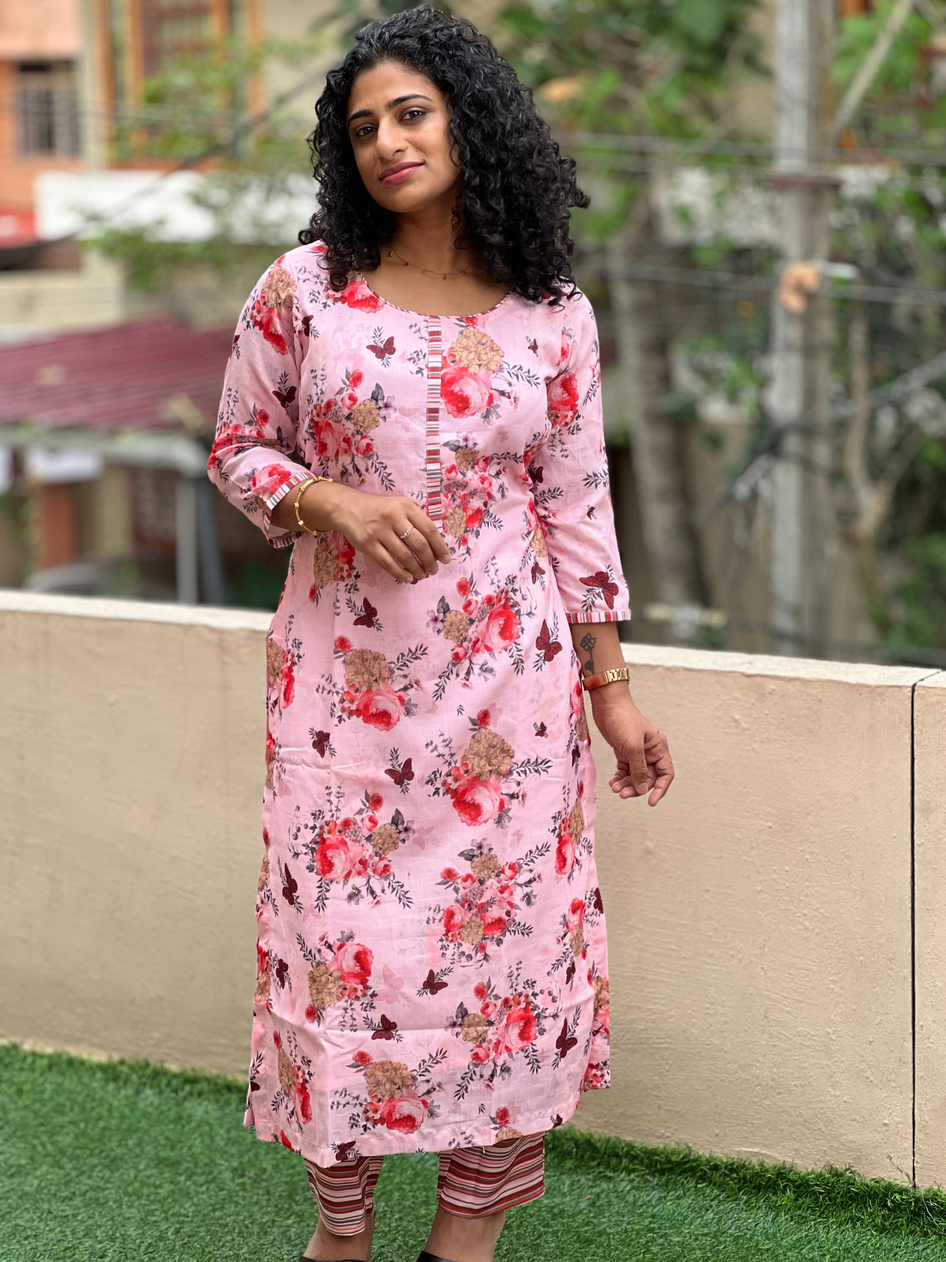 Floral Digital Print Design Slub Cotton Kurta Set | SV237