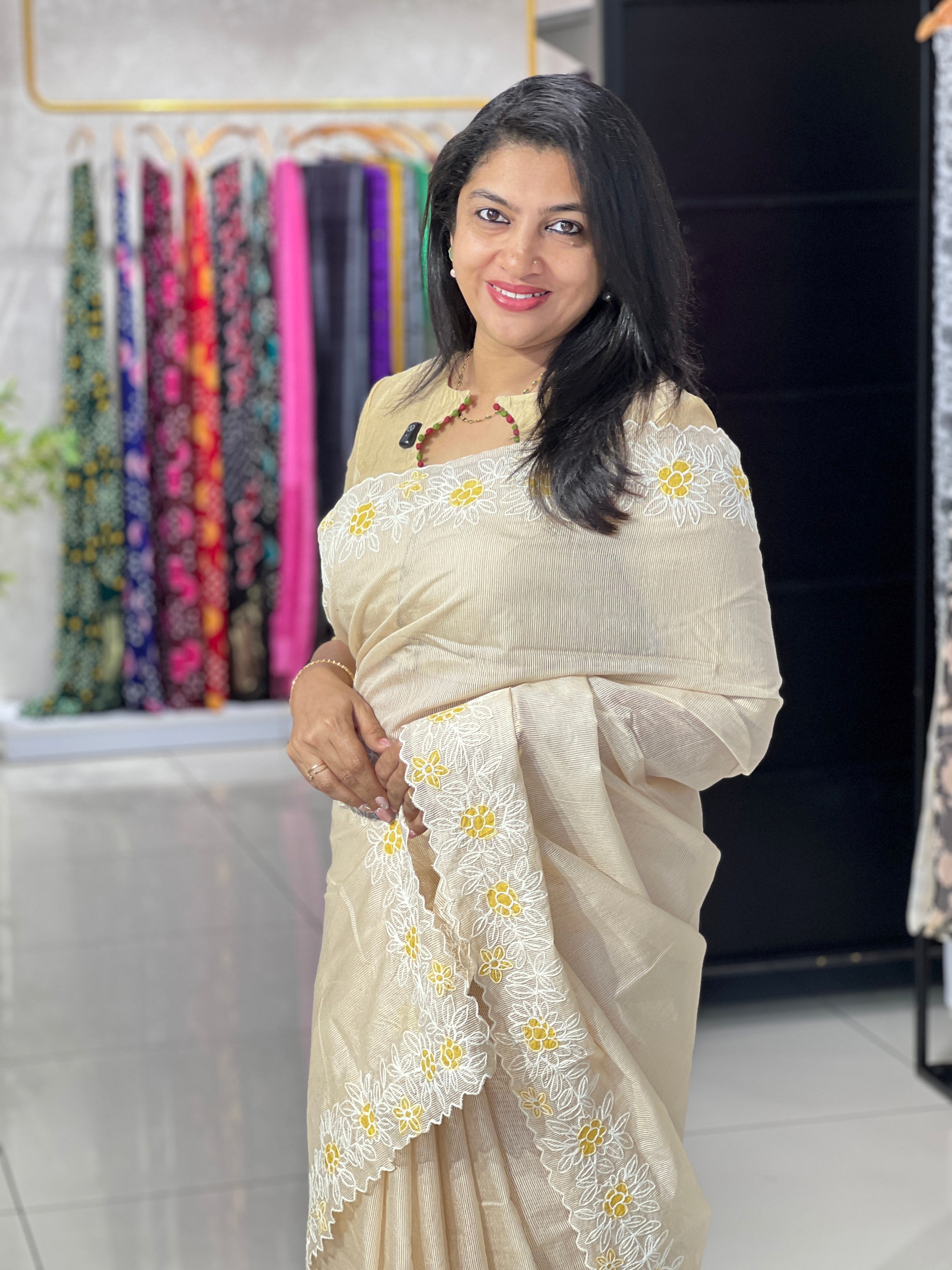 Embroidered Floral Border Design Supernet Kota | SS1487