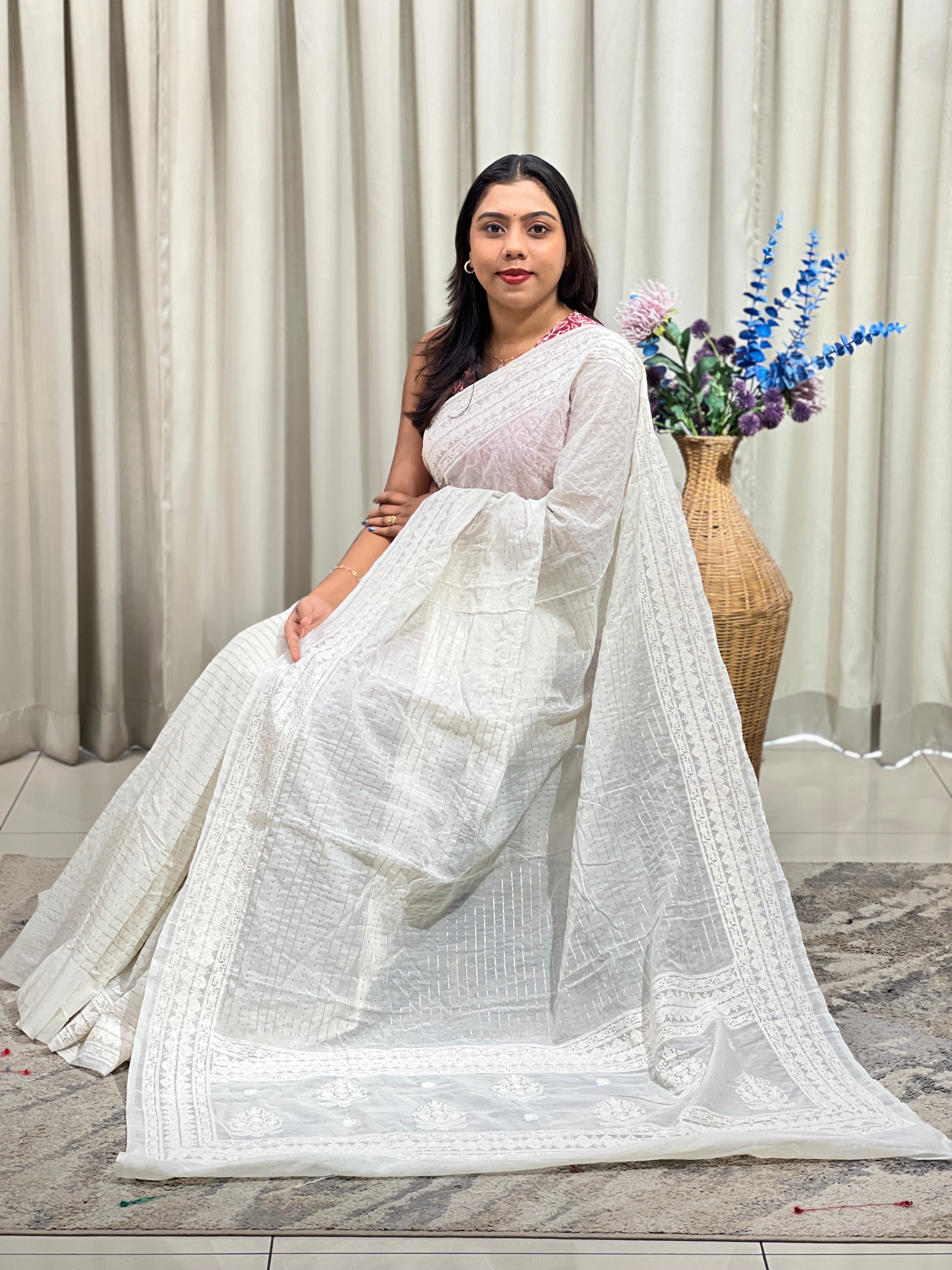 Lucknowi Embroidery Border Pattern Chanderi Saree | MM634