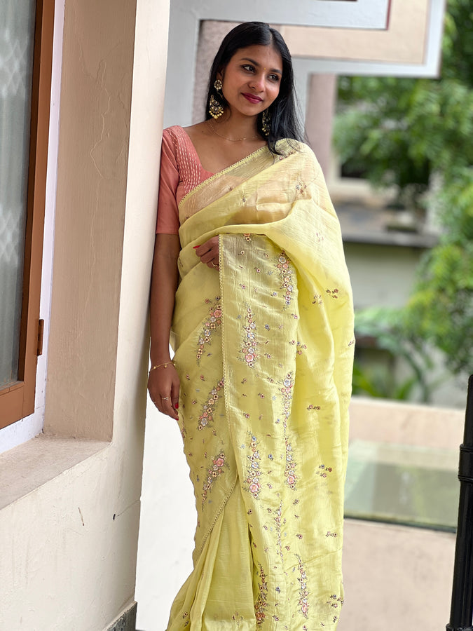 Floral Embroidery Pattern Crush Tissue Saree | DVS110