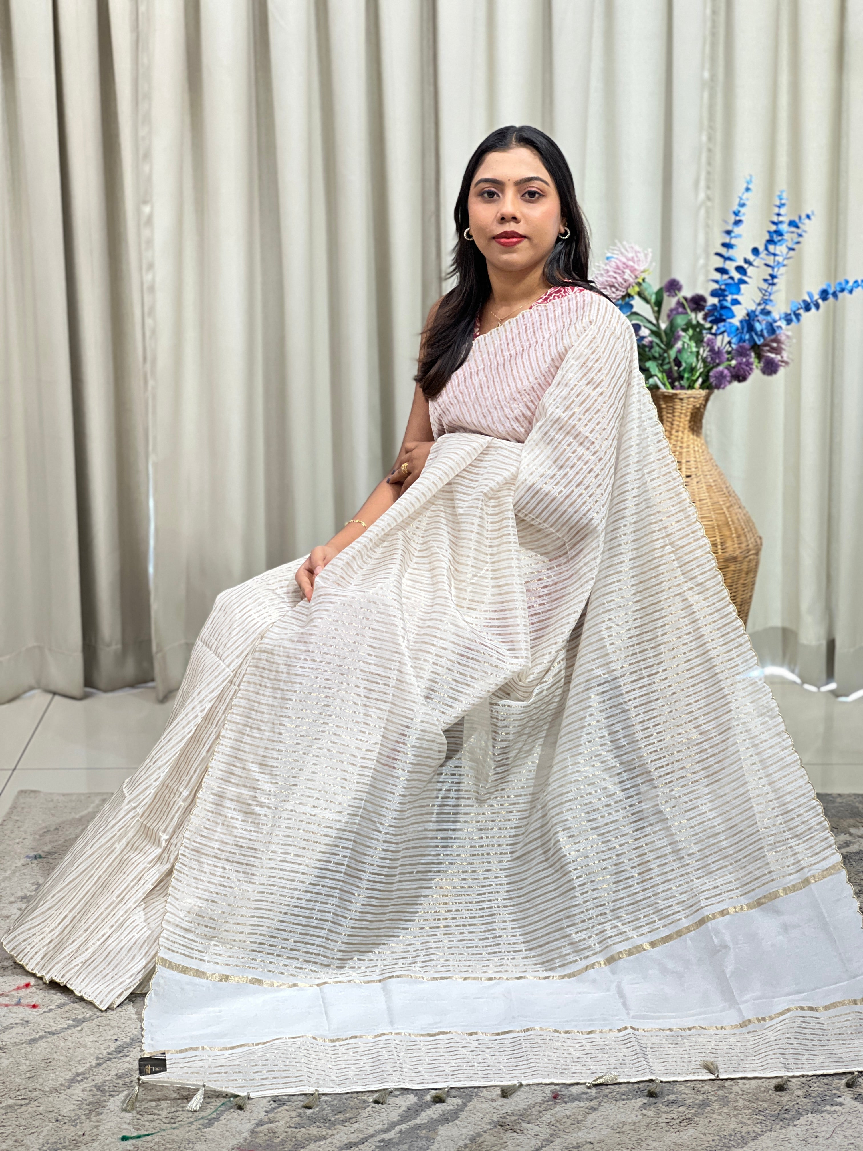 Golden Zari Line Woven Semi Silk Saree | MM650