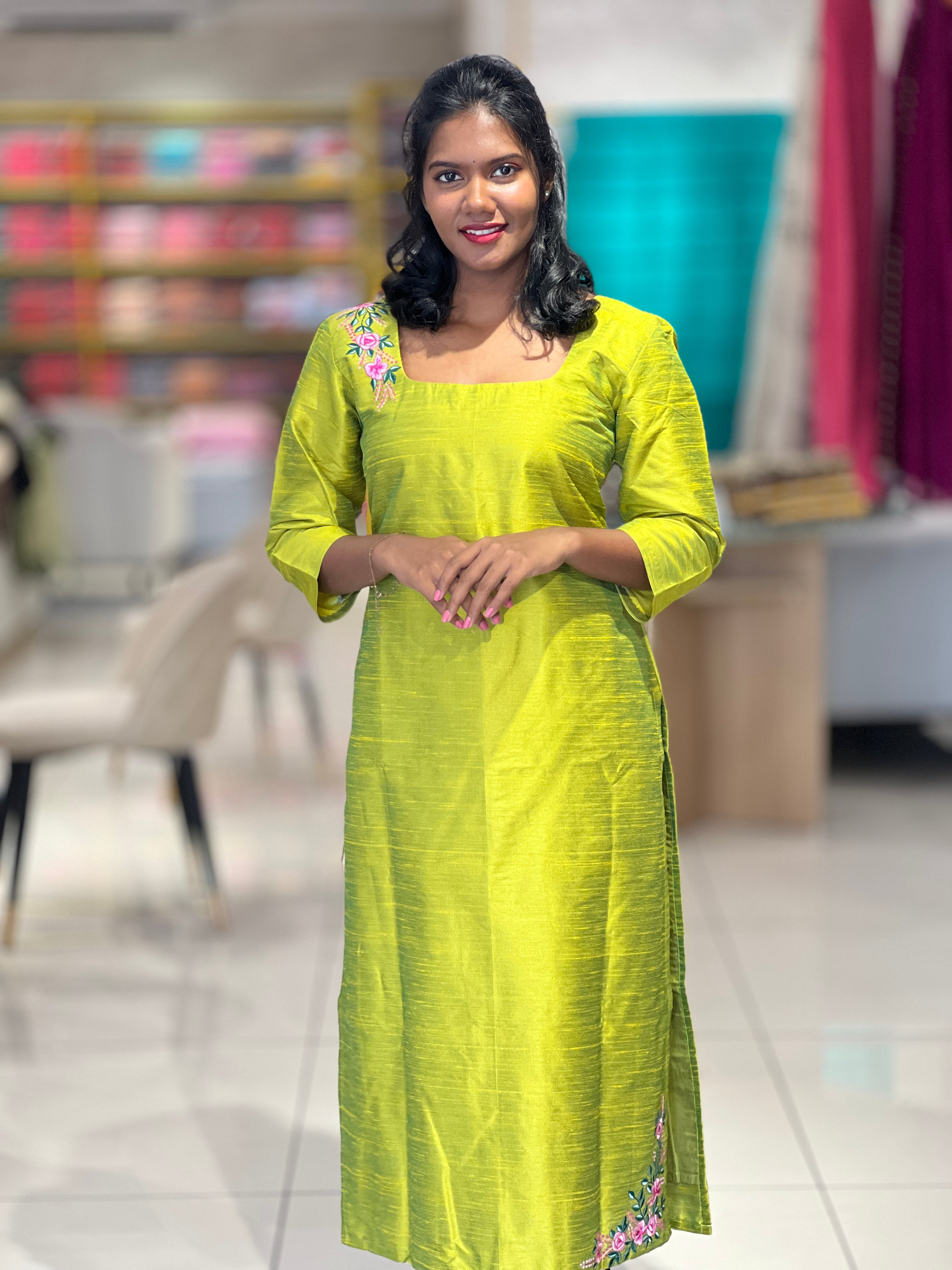 Floral Embroidered Raw Silk Kurta | DNT352