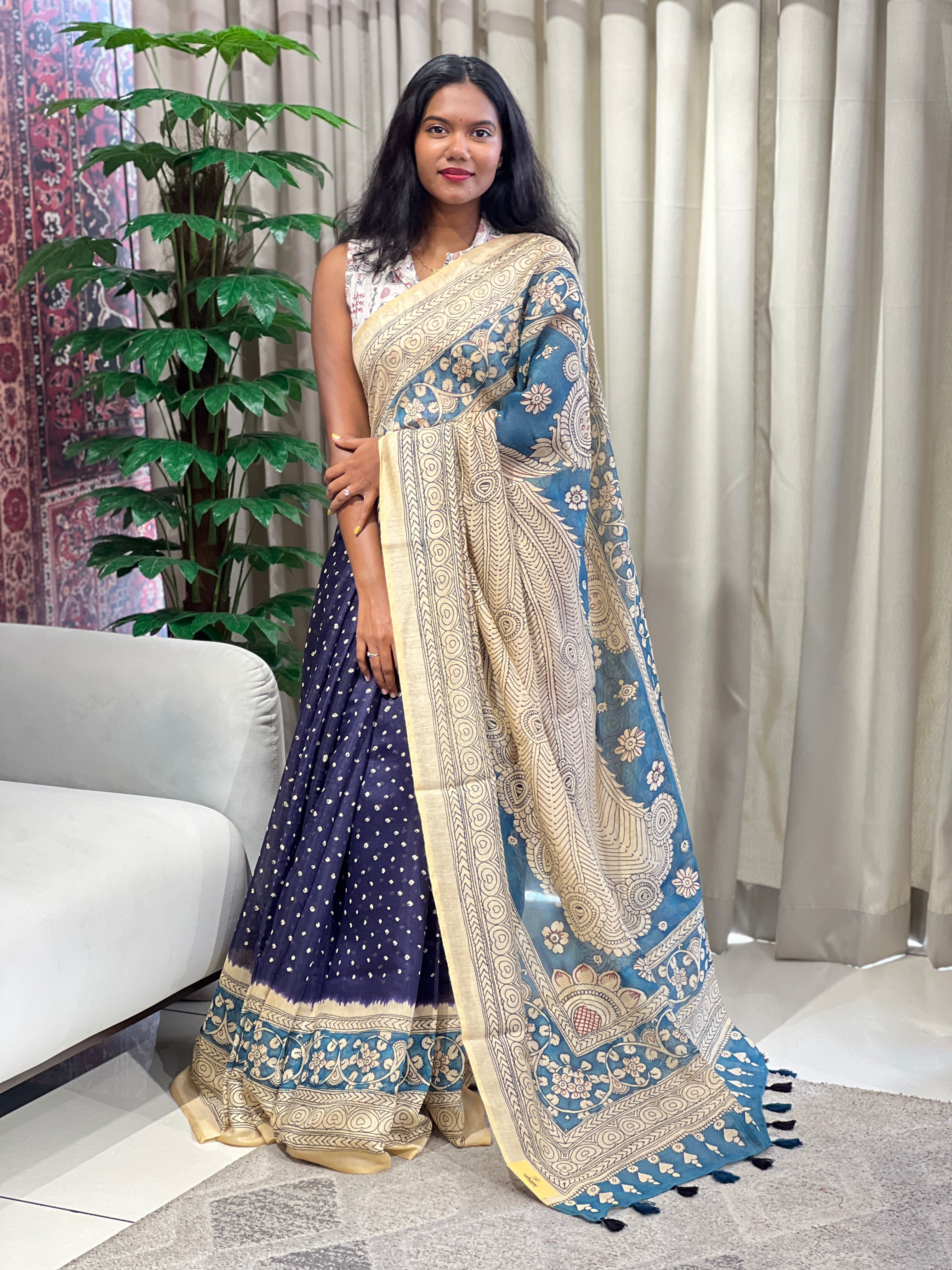 Kalamkari And Bandhani Patterned Semi Jute Saree | SSN495