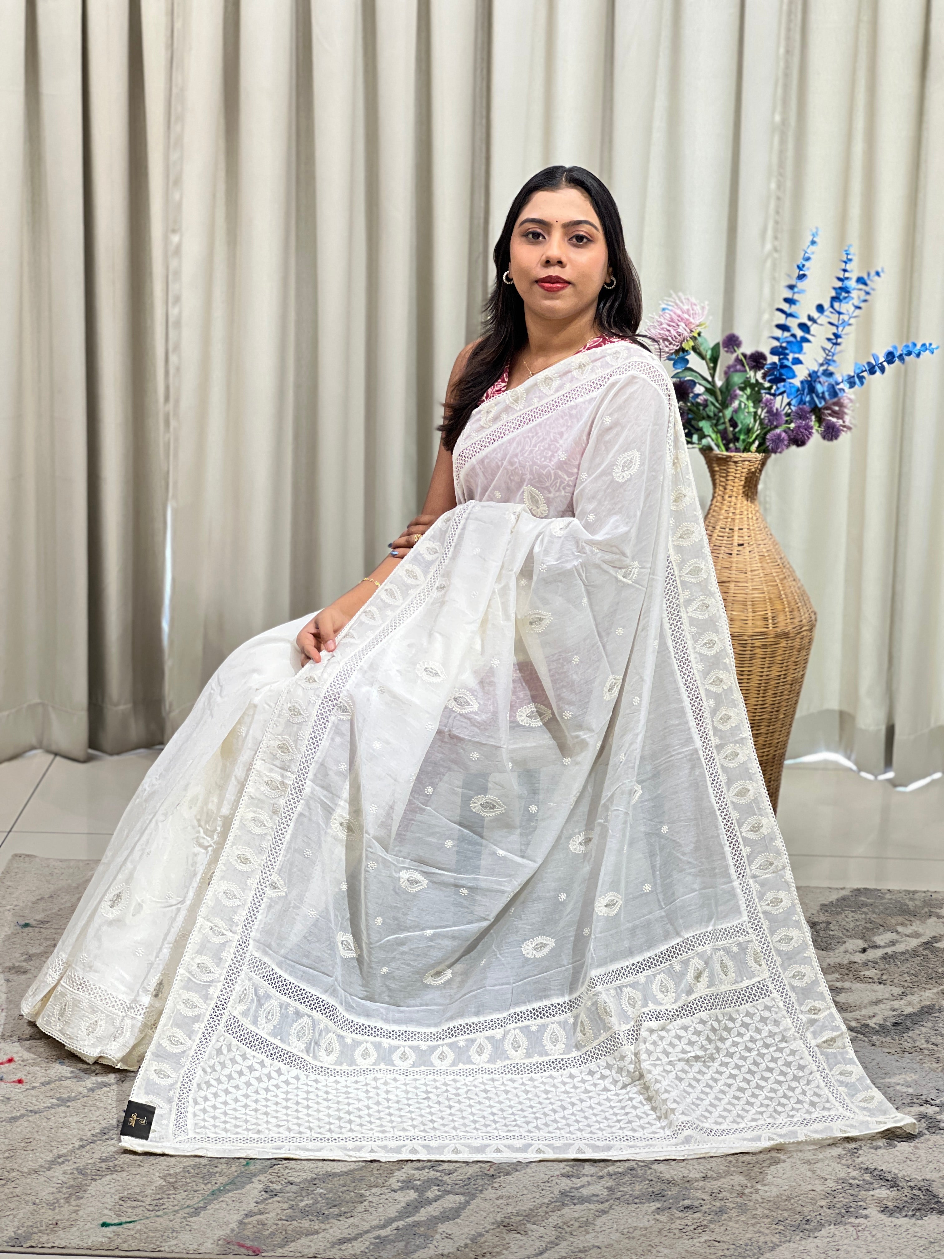 Computerized Lucknowi Embroidered Mul Chanderi Saree | MM646
