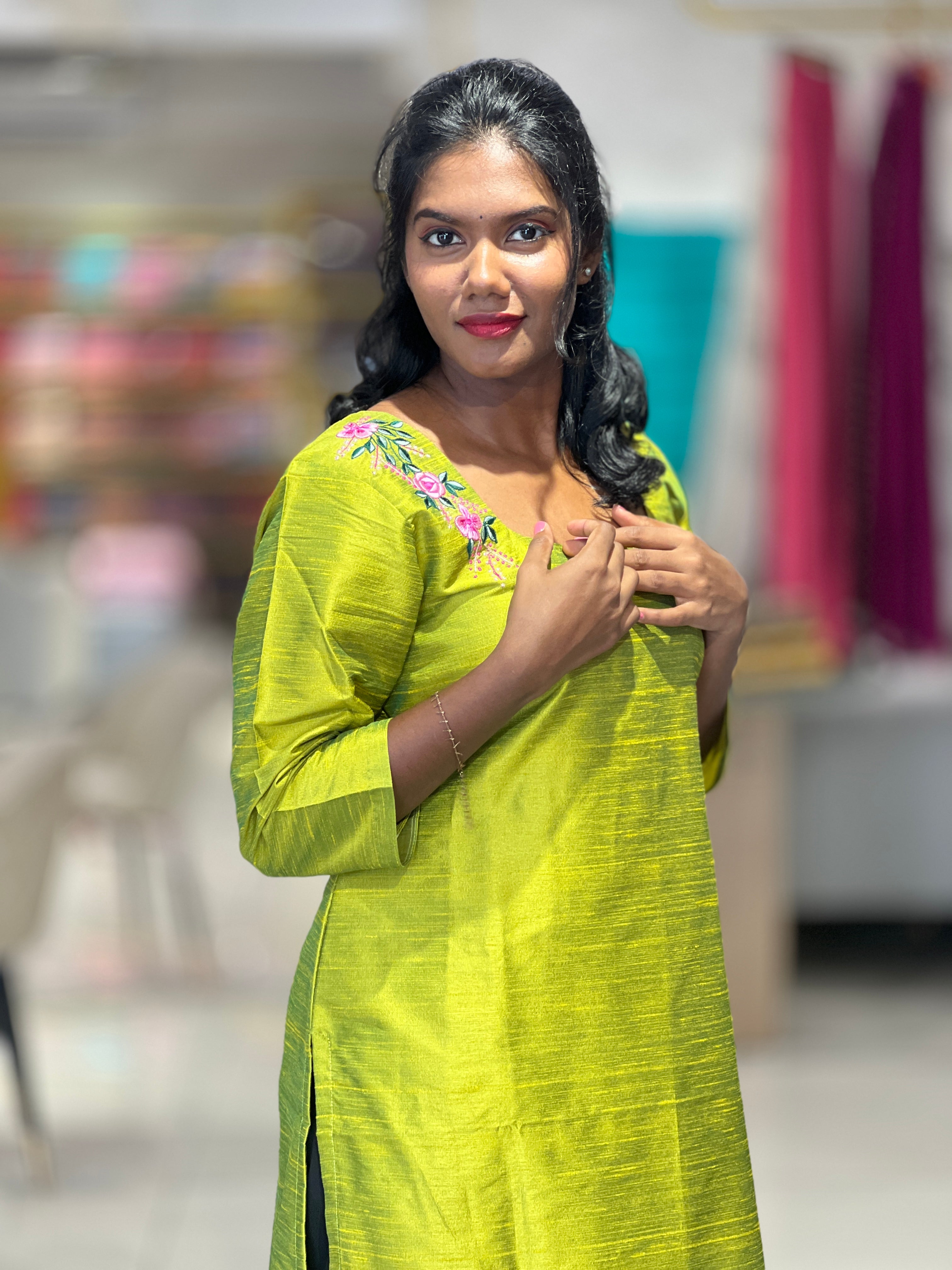 Floral Embroidered Raw Silk Kurta | DNT352