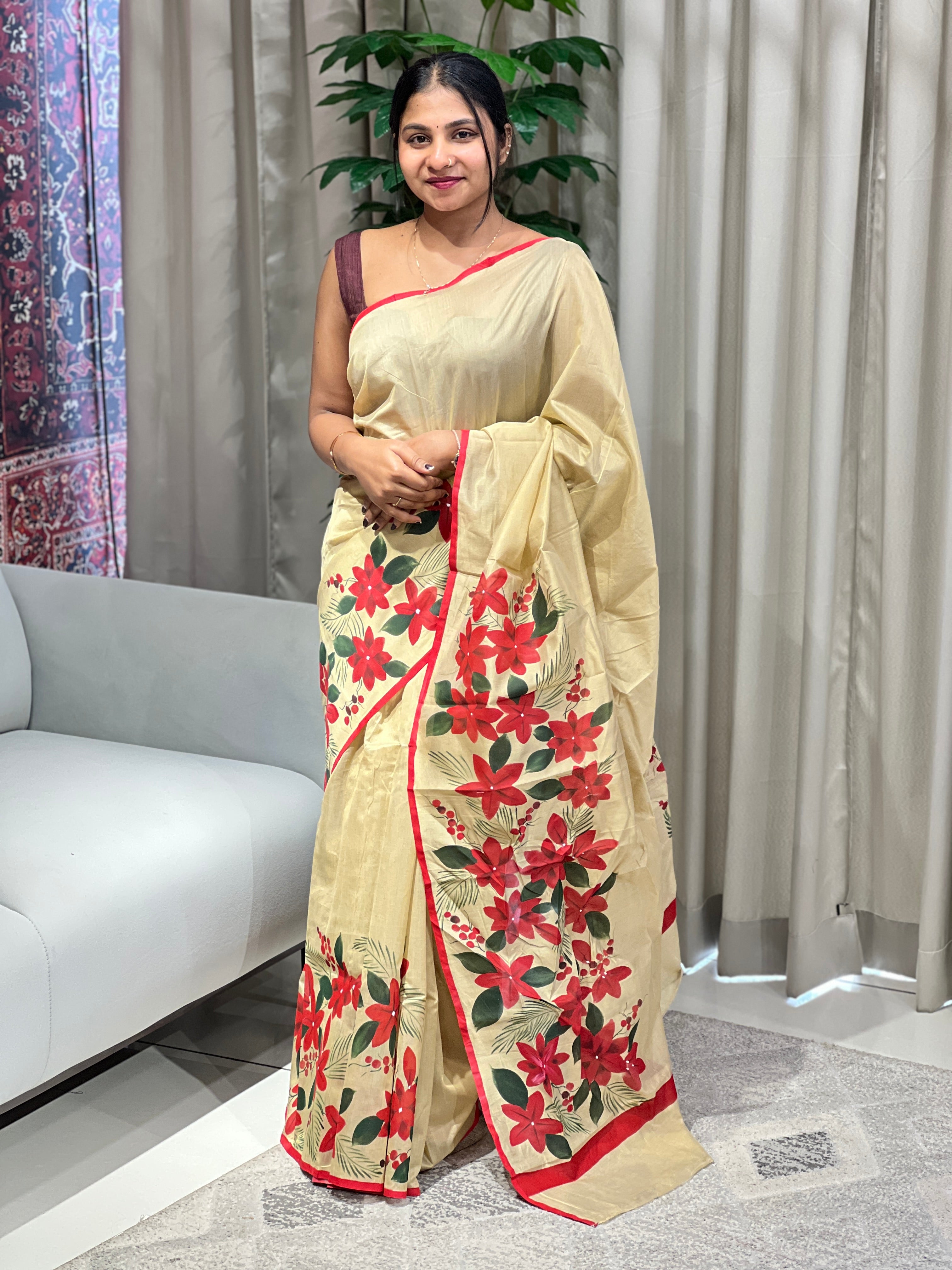 Floral Hand Painted Chanderi Saree | JSC543