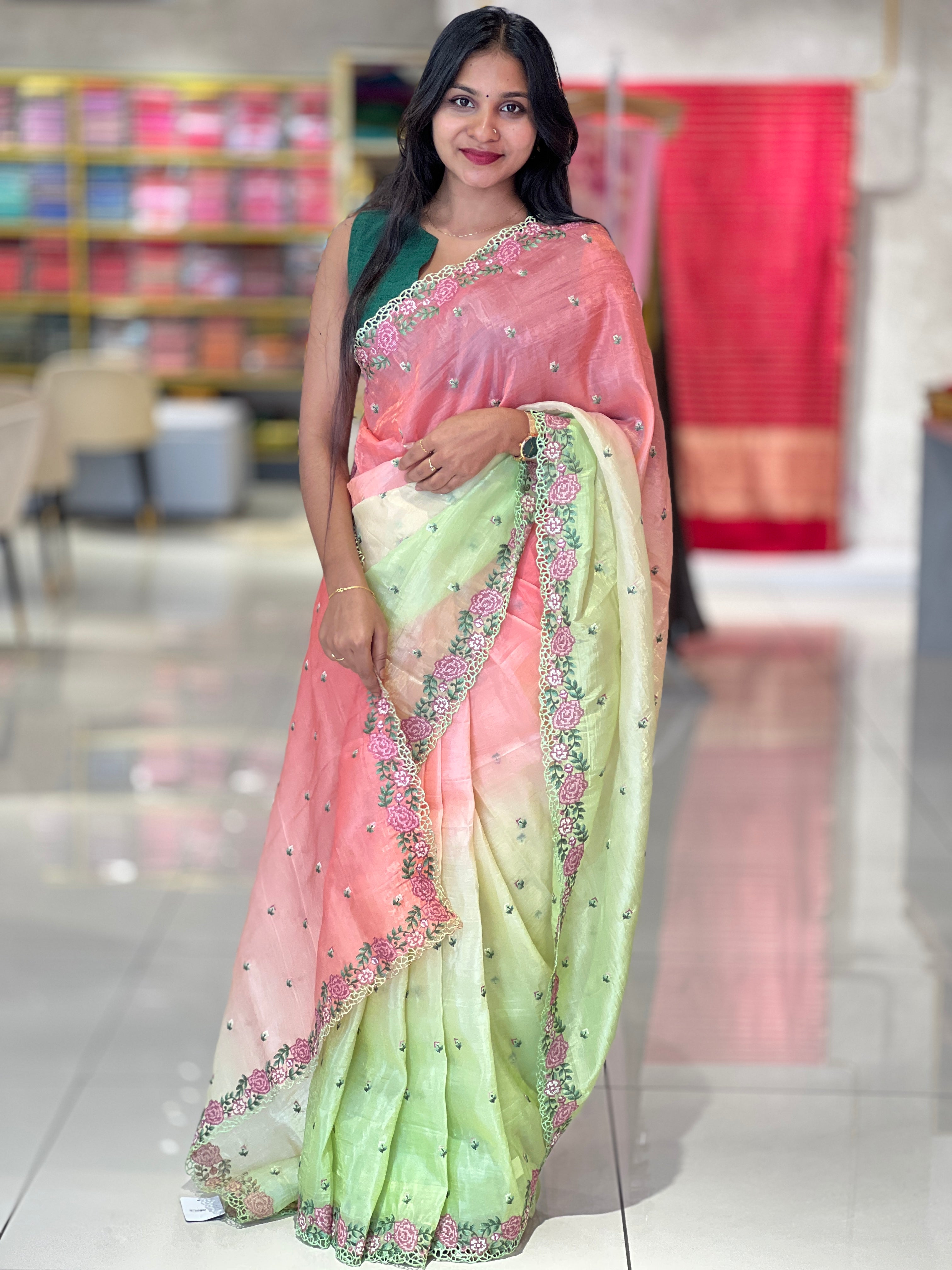Cross Stitch Embroidery Glass Organza Saree | RP538