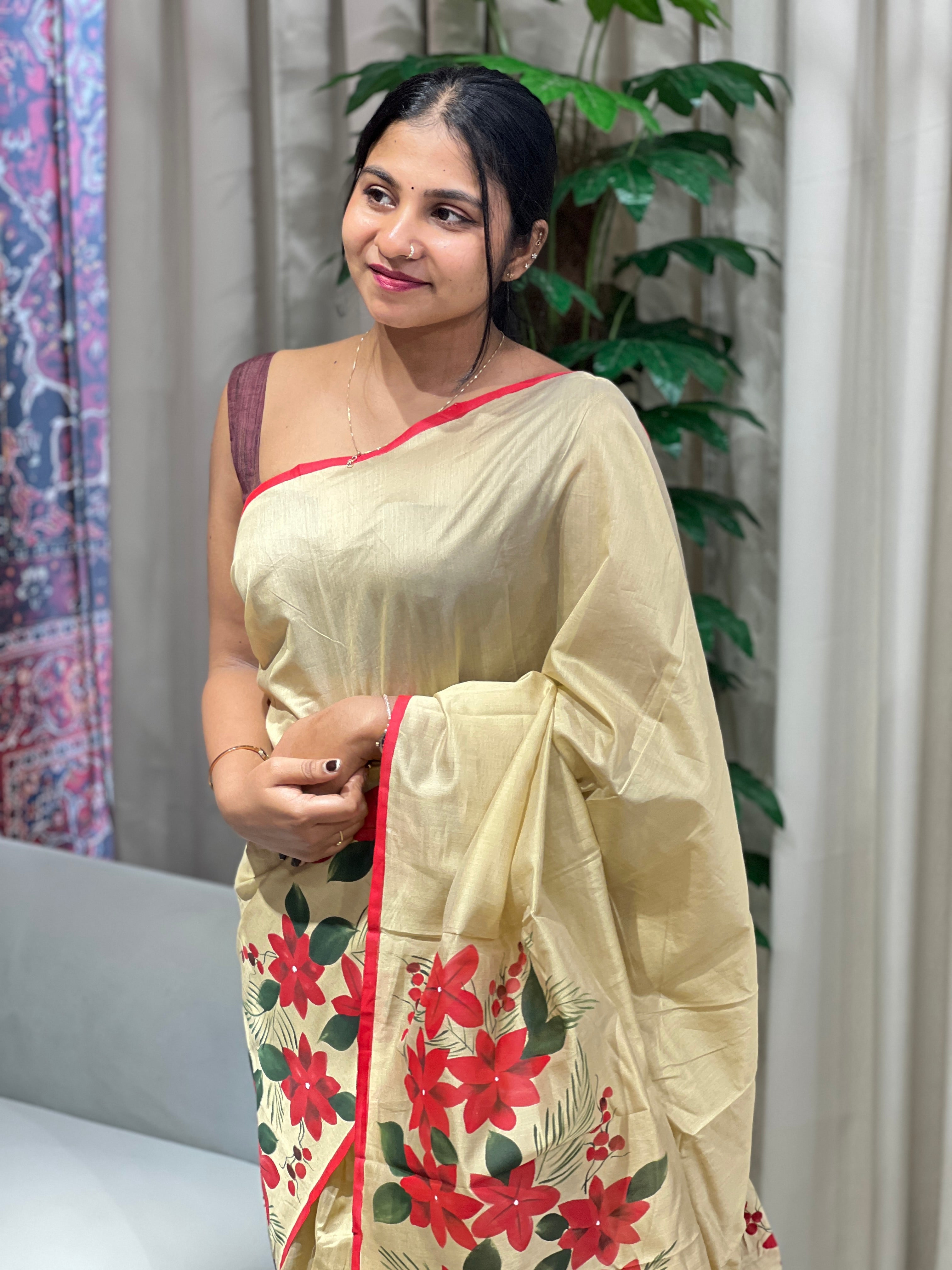 Floral Hand Painted Chanderi Saree | JSC543