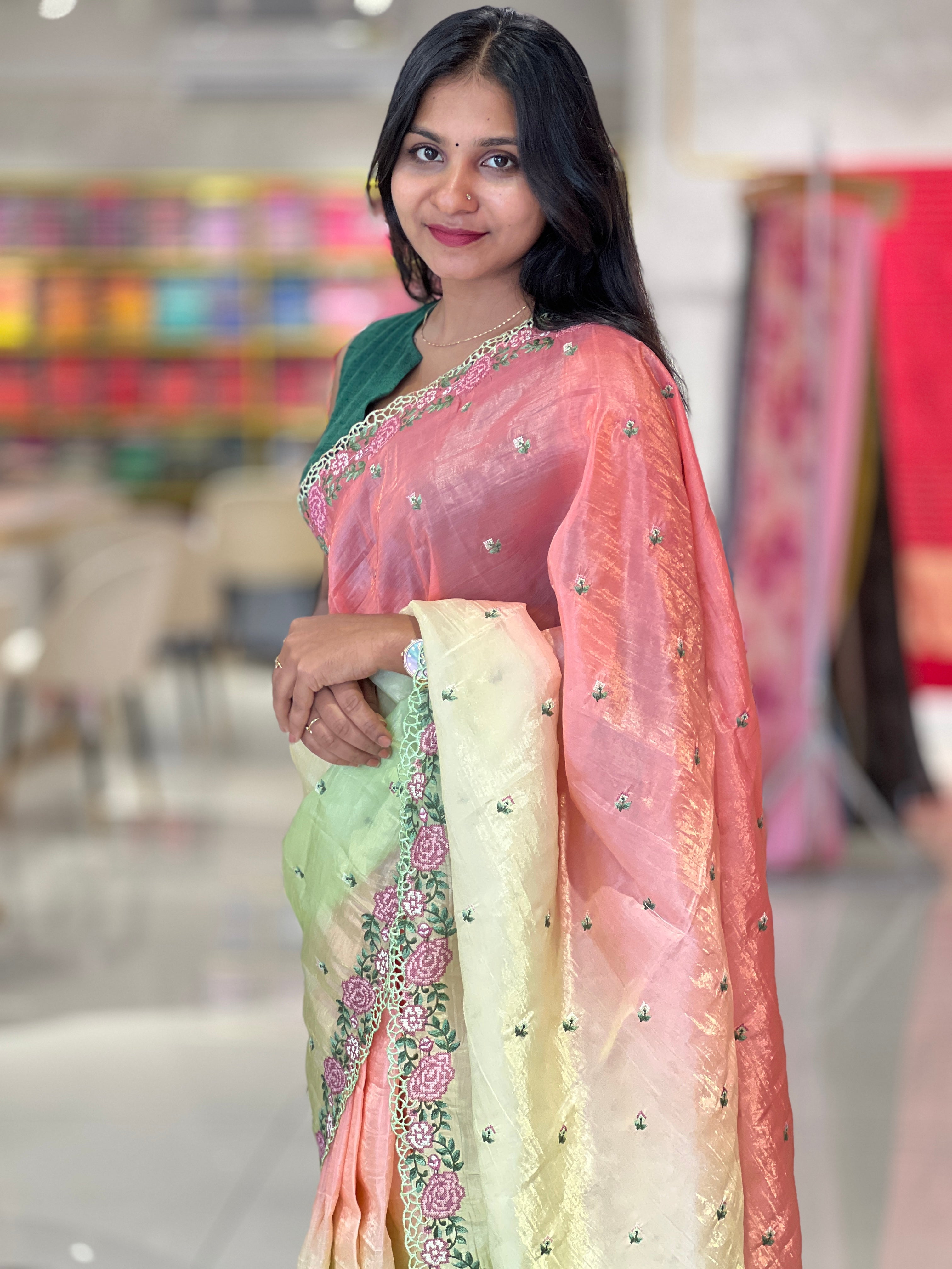 Cross Stitch Embroidery Glass Organza Saree | RP538