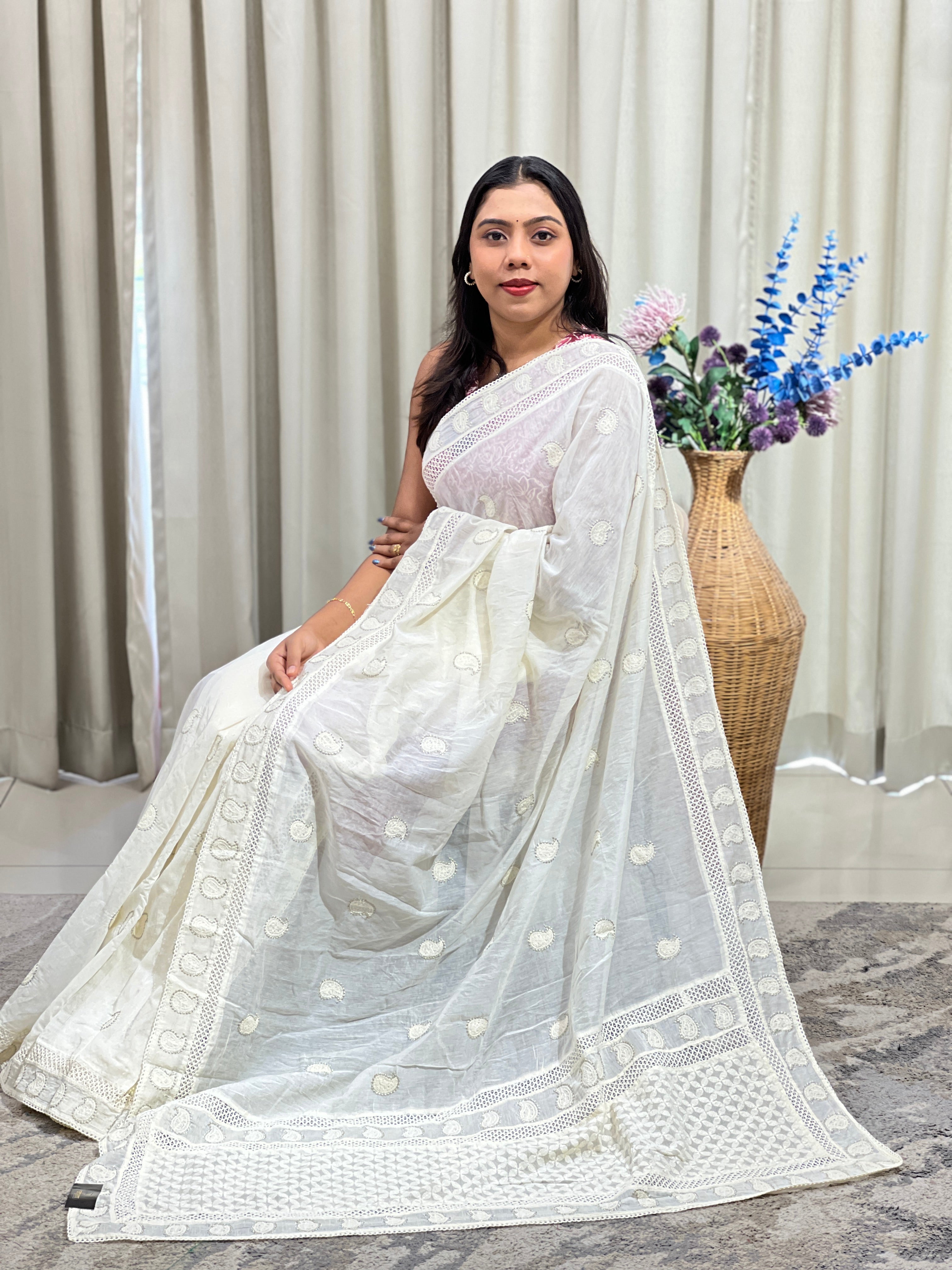 Paisley Embroidery Design Mul Chanderi Saree | MM647