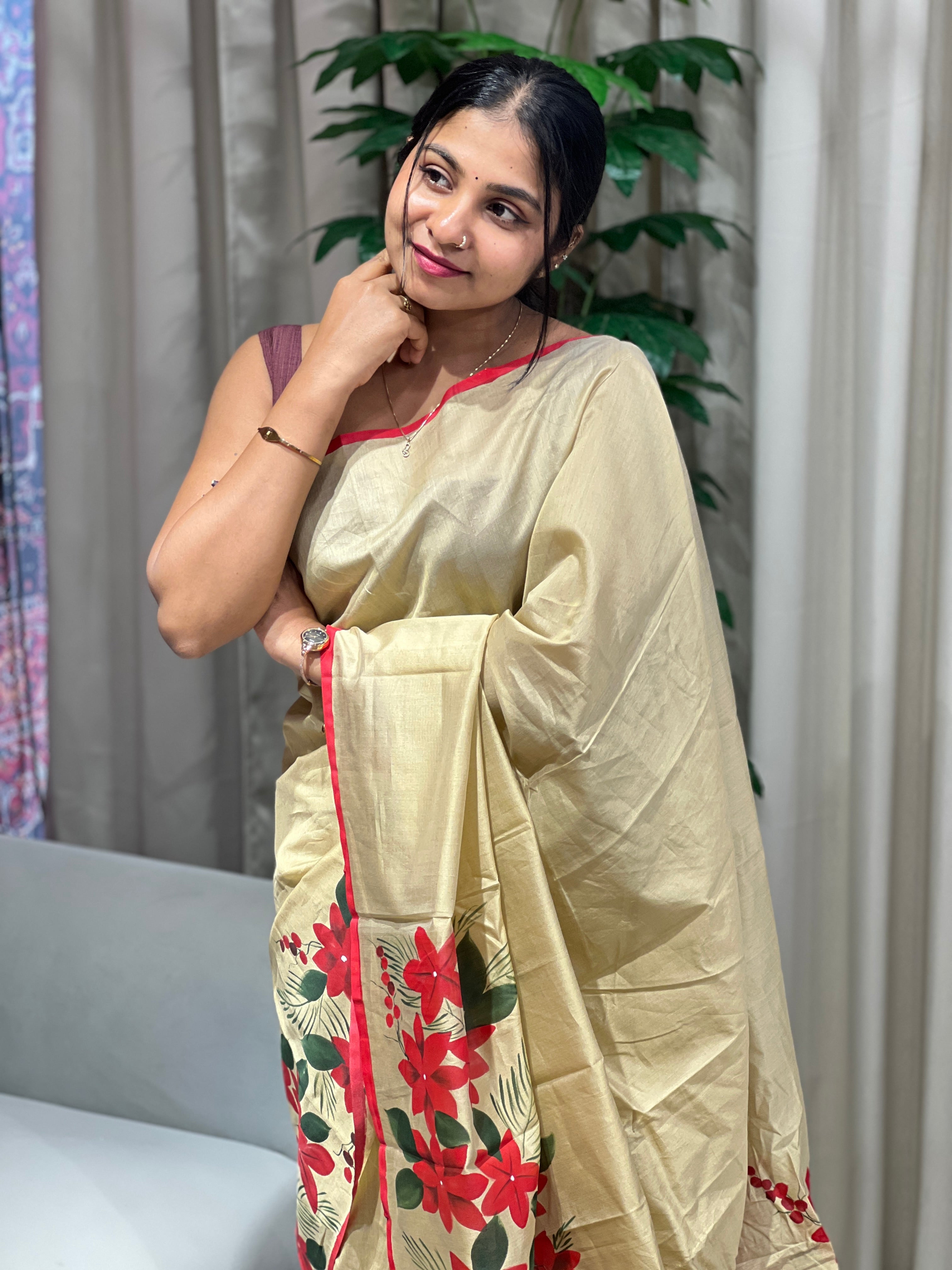 Floral Hand Painted Chanderi Saree | JSC543