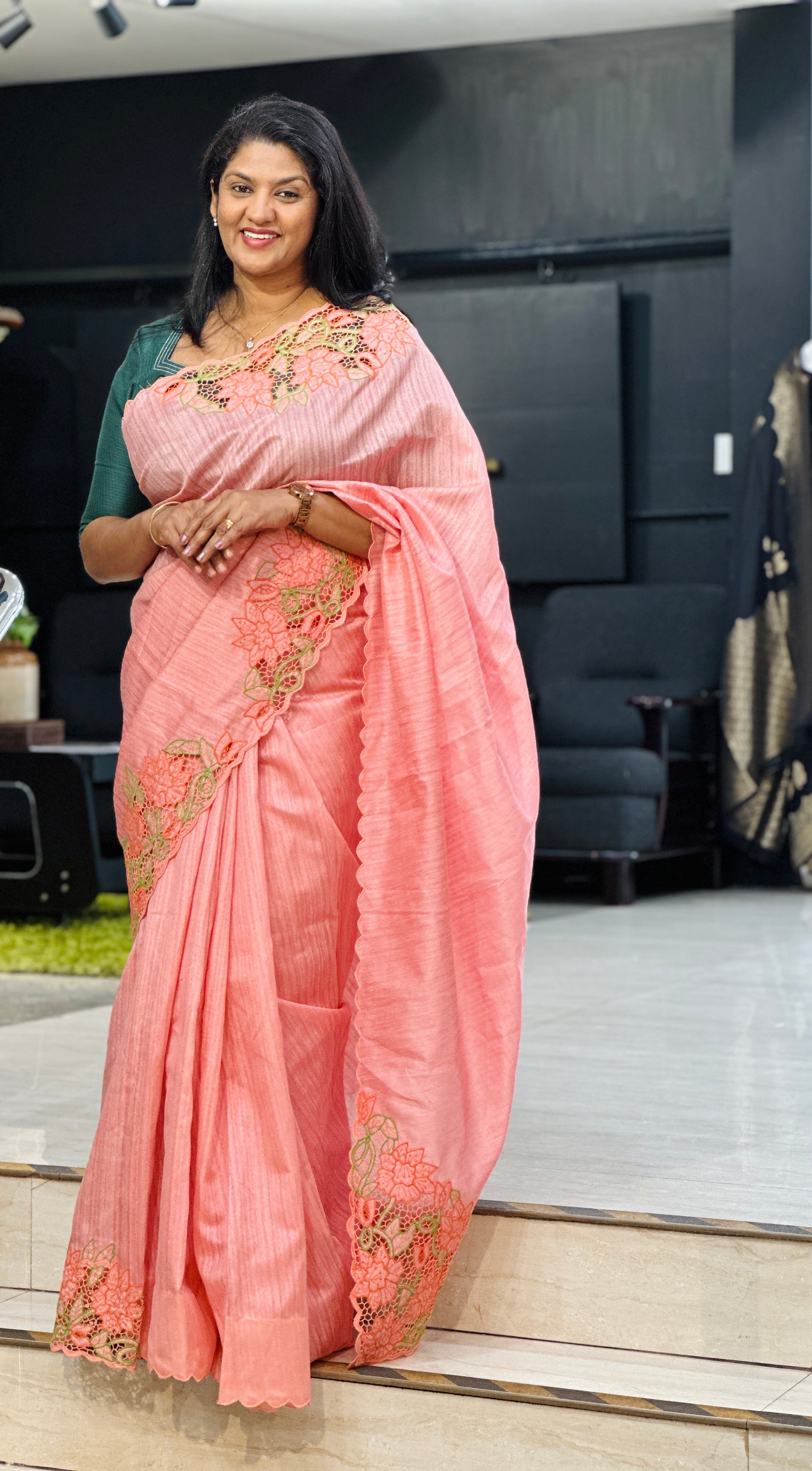Twine Cut Work With Floral Embroidered Green Silk Saree | TC506