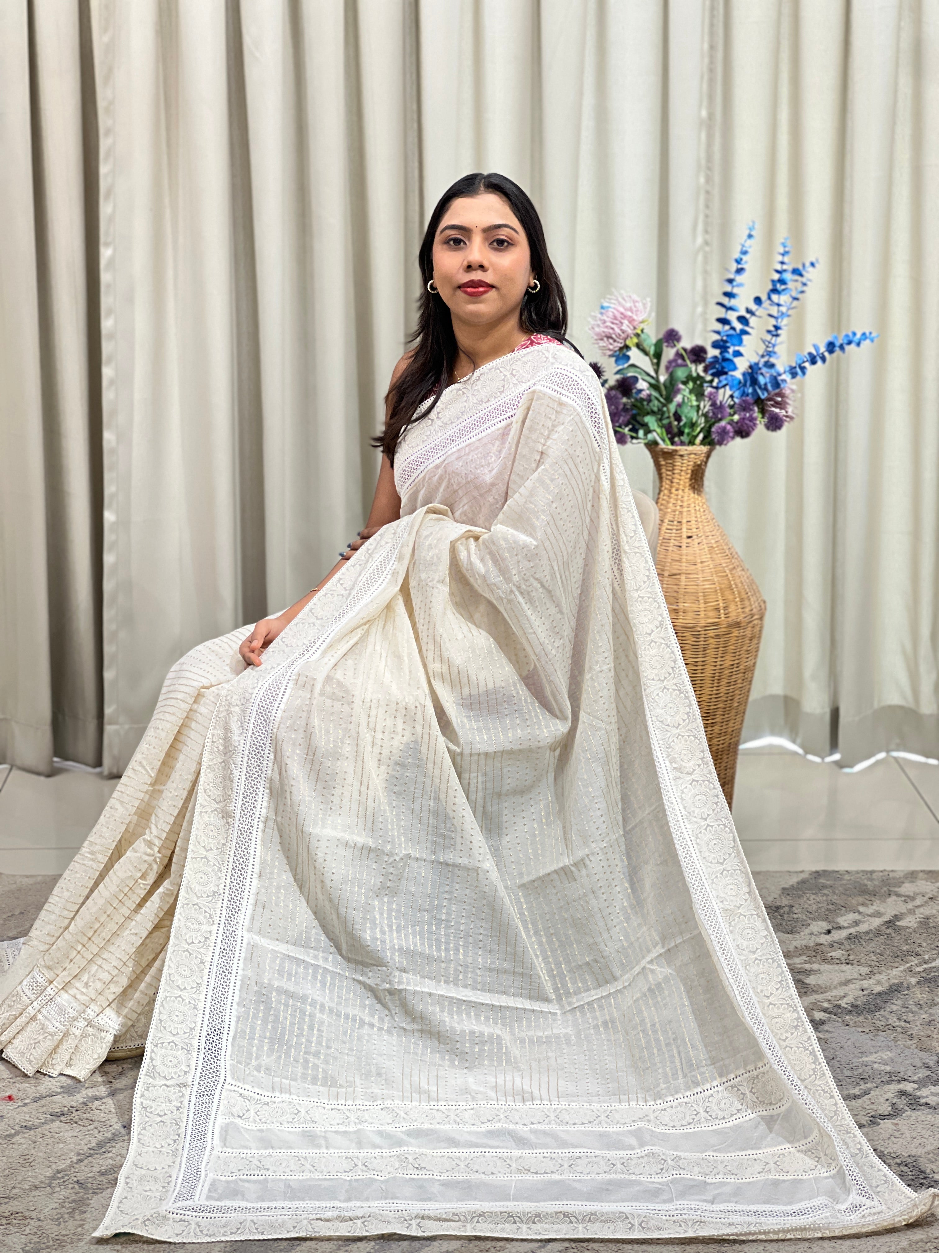 Lucknowi Embroidery Border Pattern Chanderi Saree | MM632