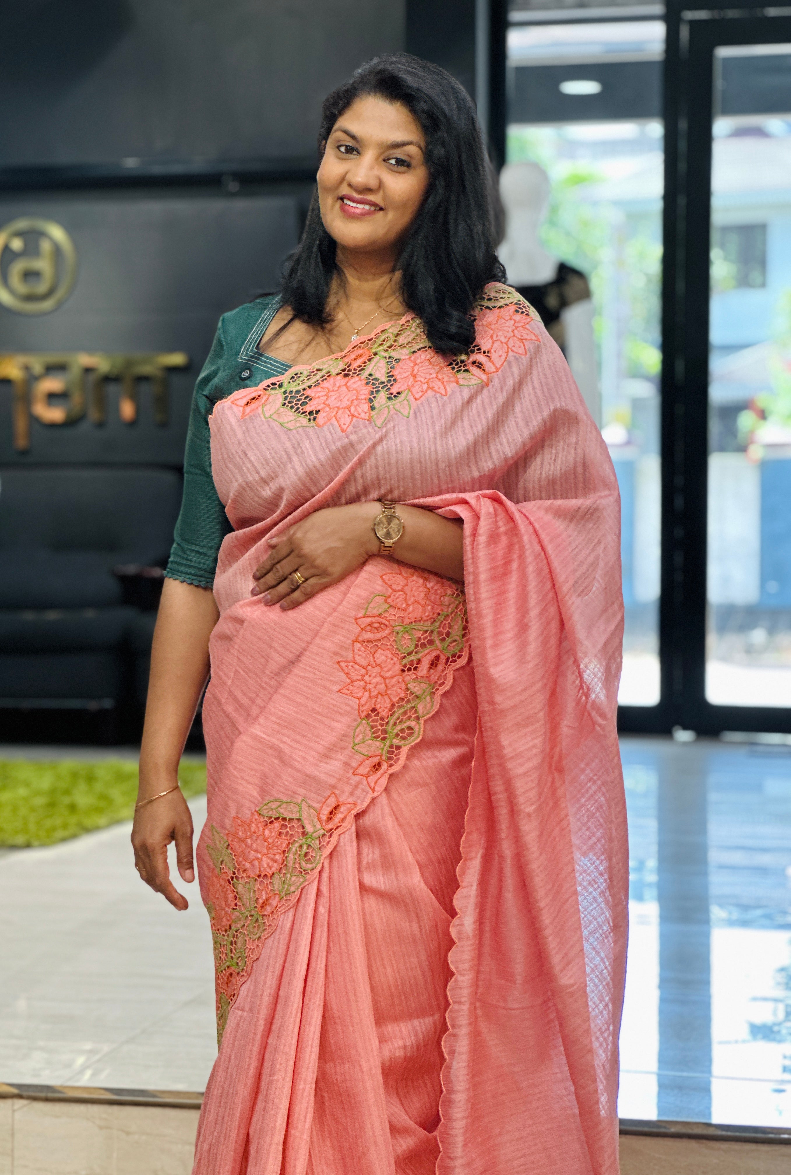 Twine Cut Work With Floral Embroidered Green Silk Saree | TC506