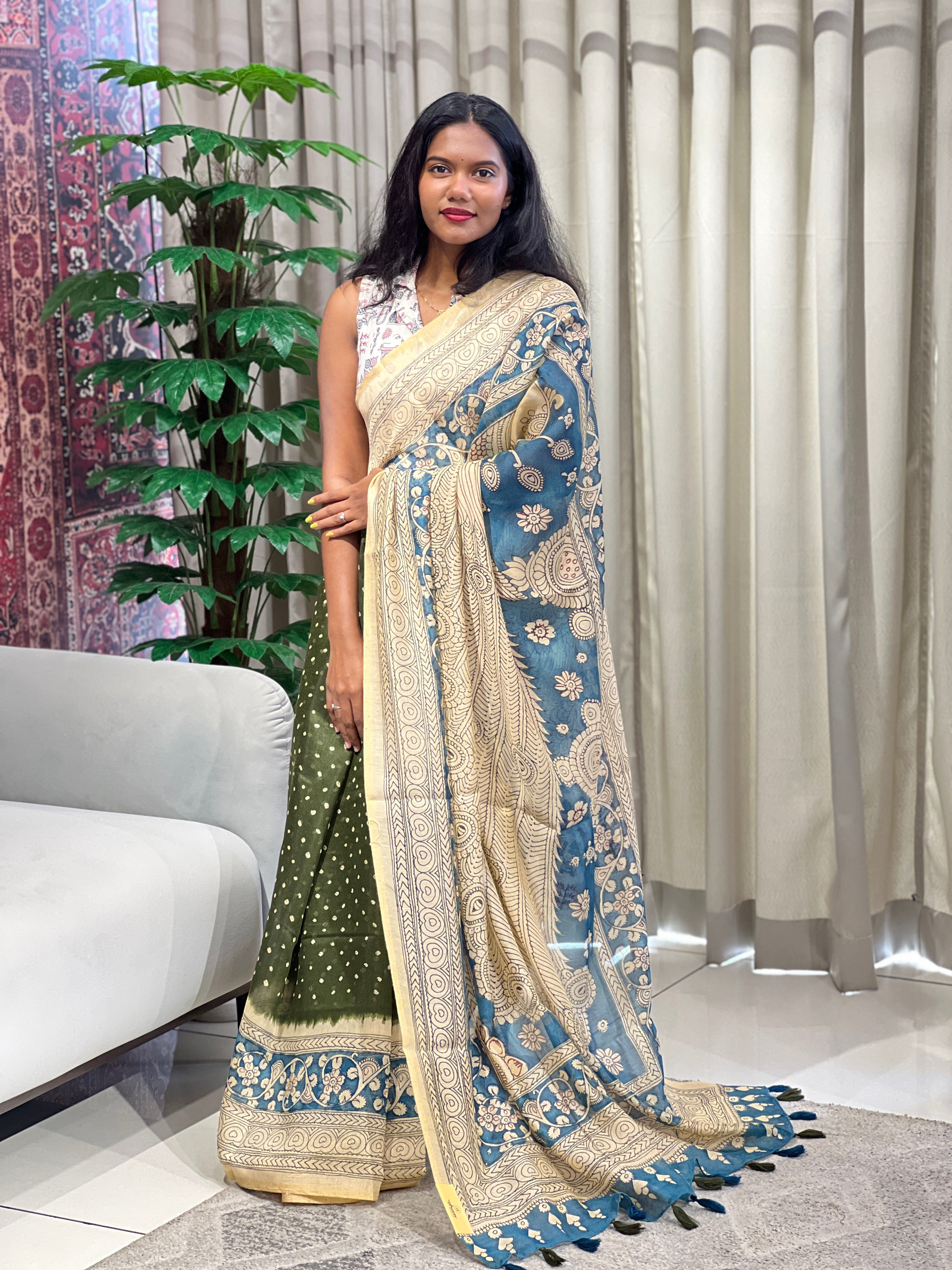 Kalamkari And Bandhani Patterned Semi Jute Saree | SSN501
