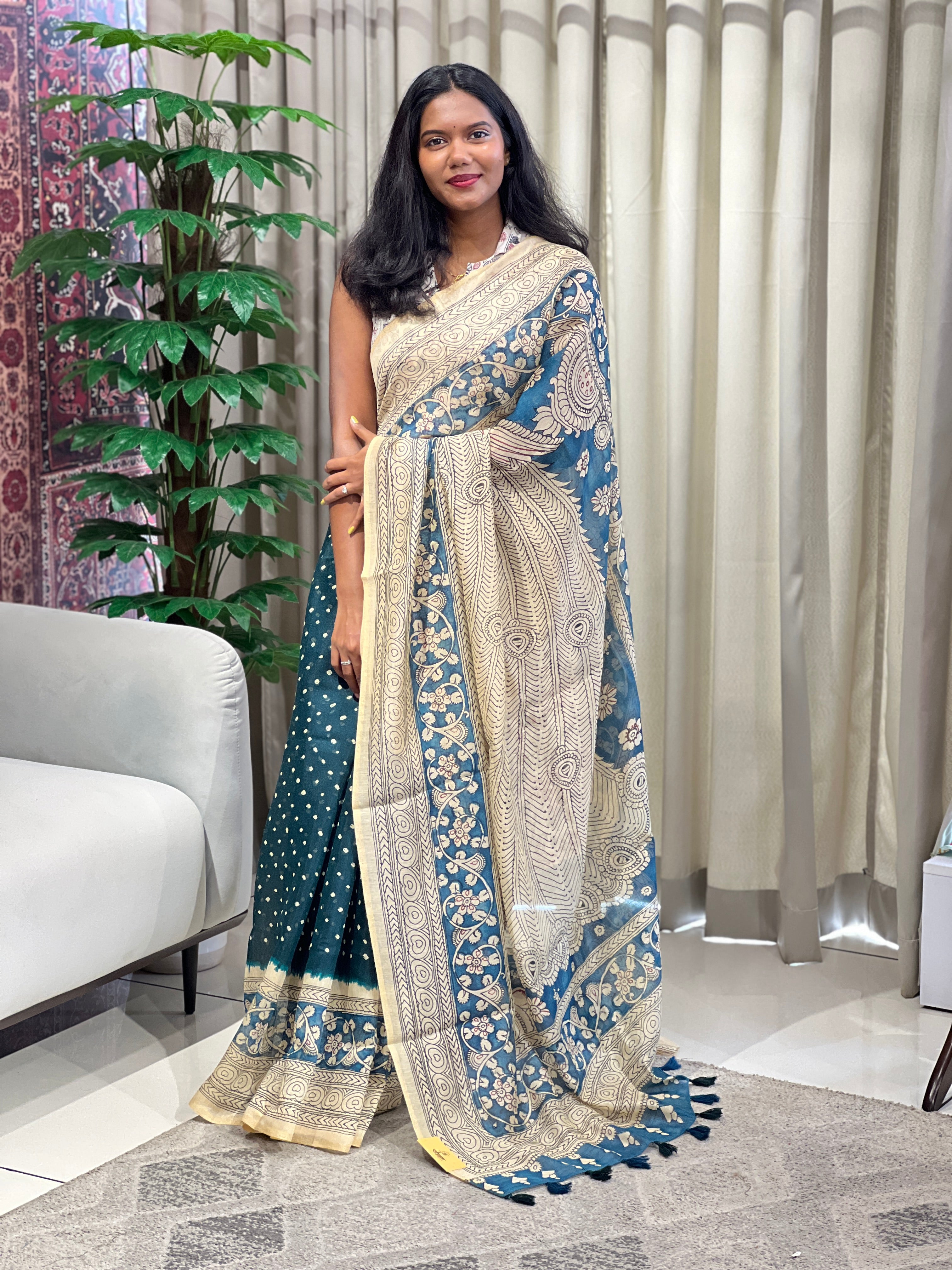 Kalamkari And Bandhani Patterned Semi Jute Saree | SSN502
