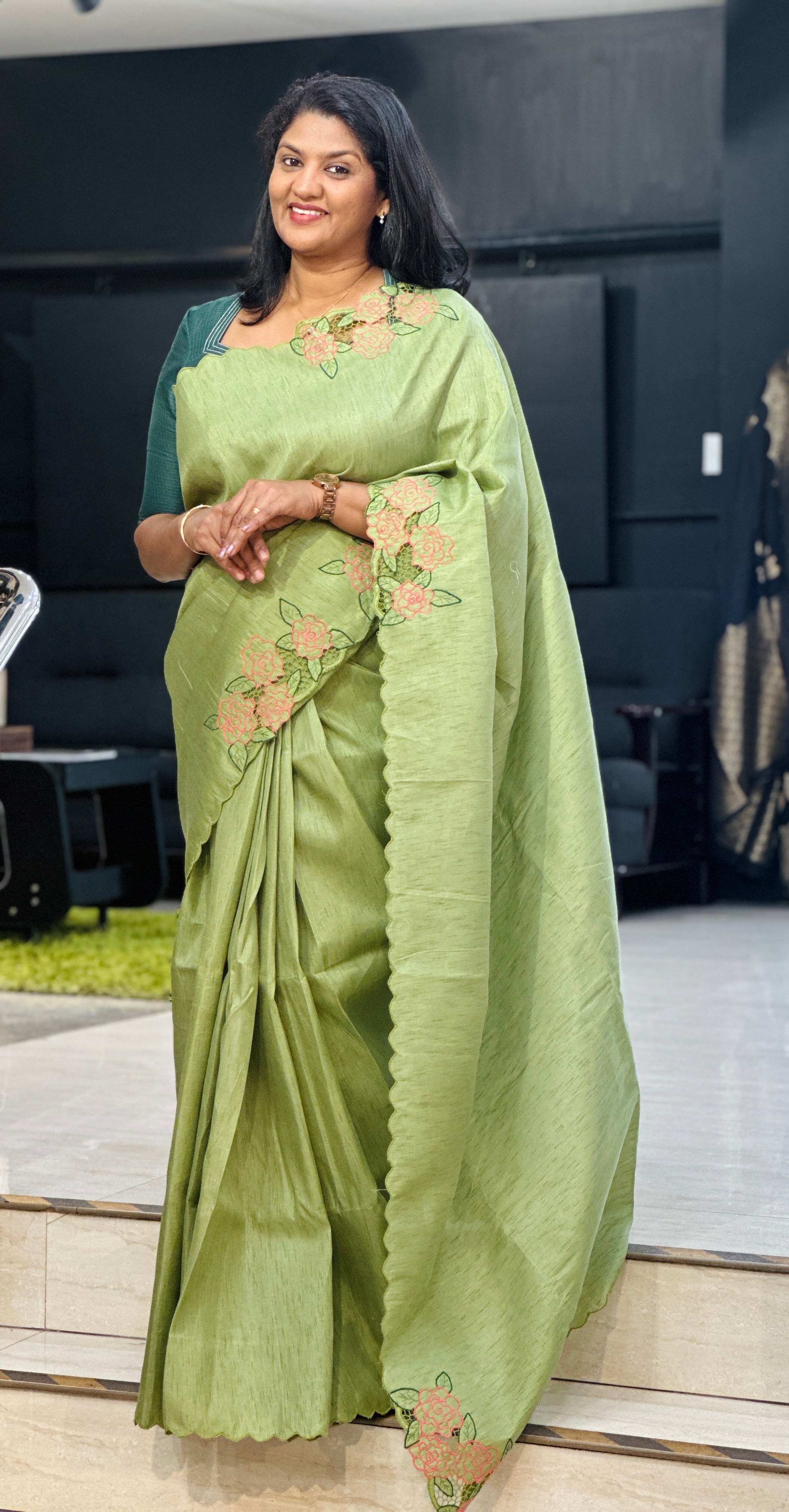 Floral Twine Cut Work Semi Tussar Saree | TC505