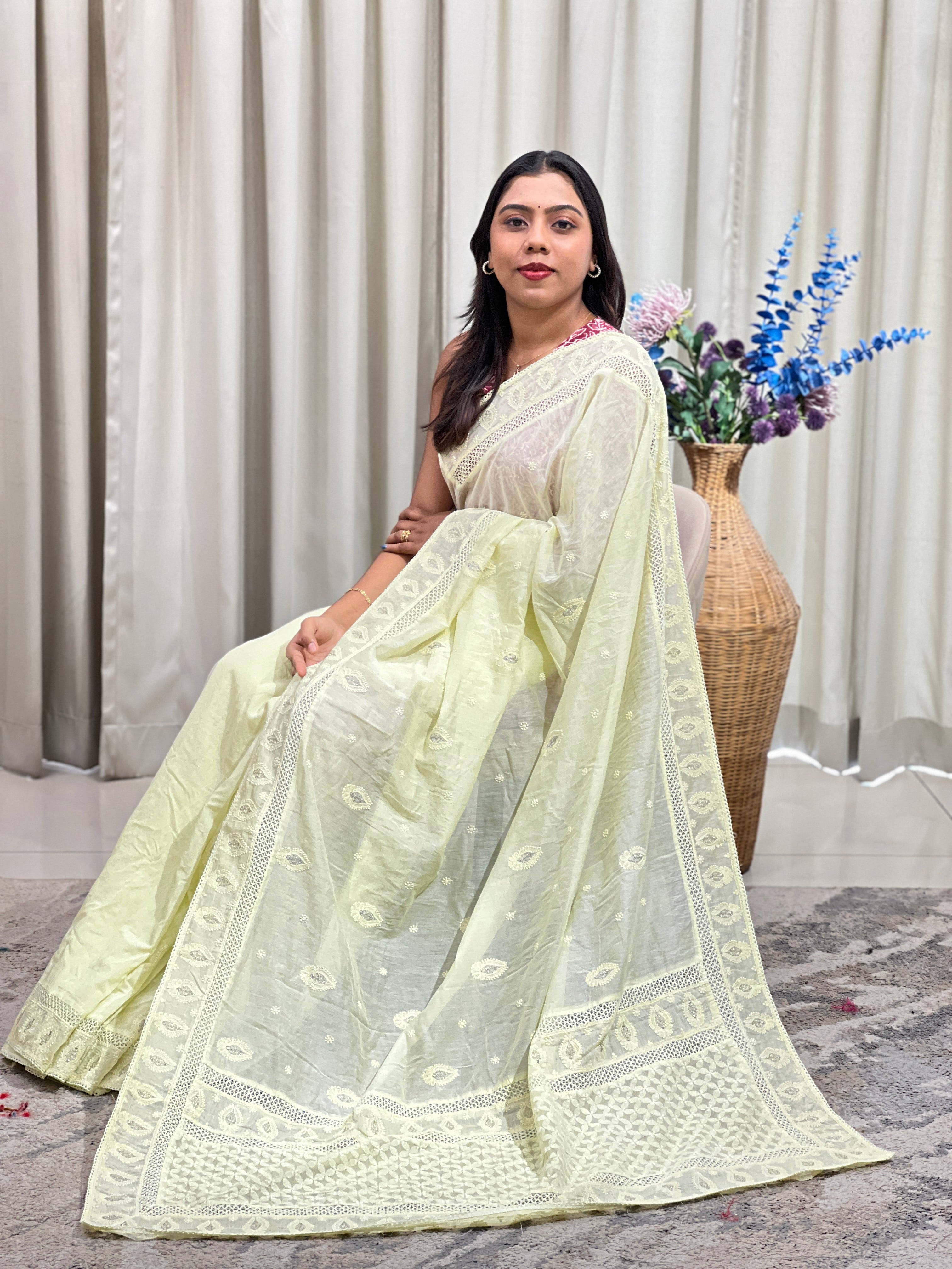 Computerized Lucknowi Embroidered Mul Chanderi Saree | MM661