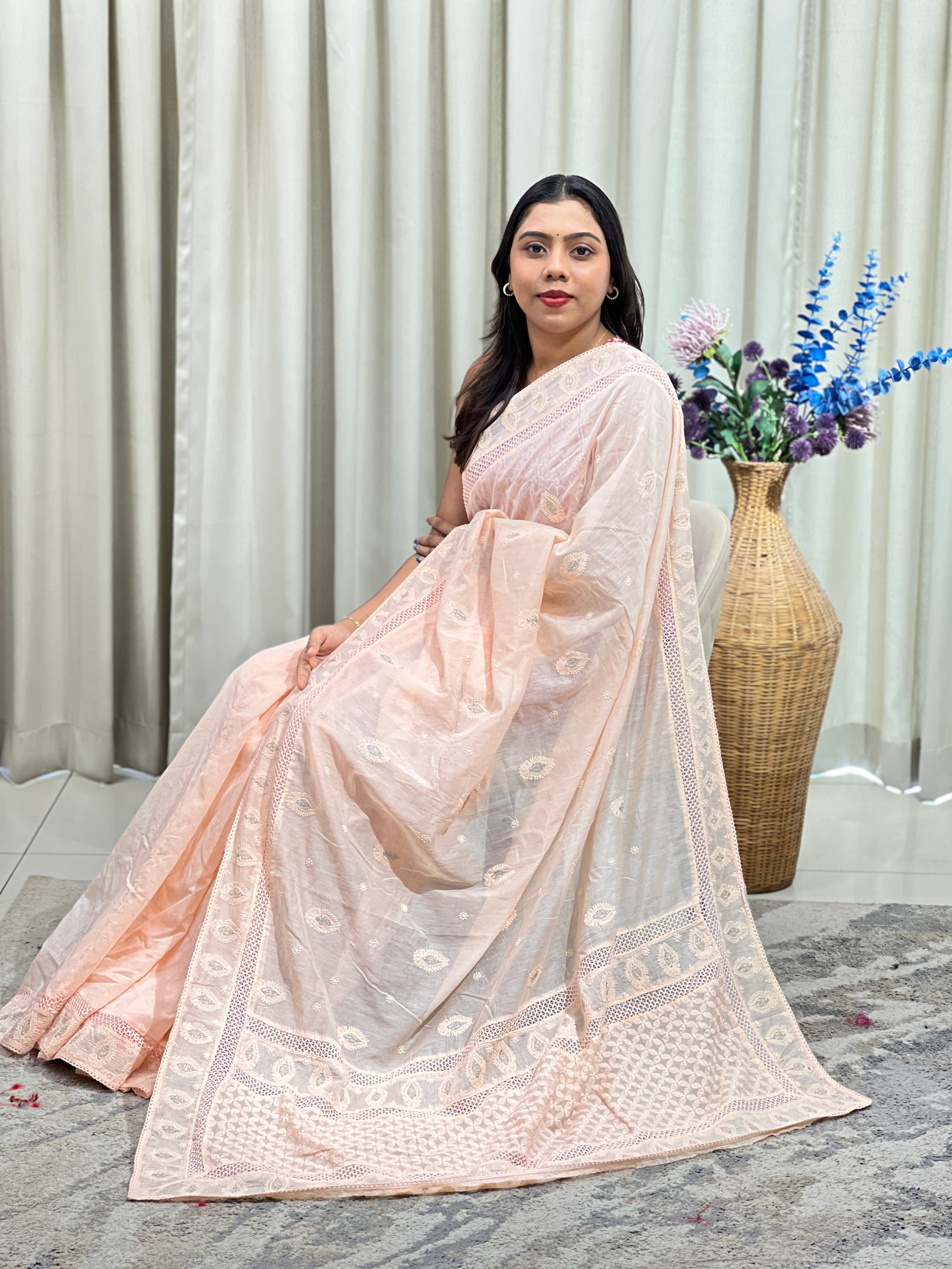 Computerized Lucknowi Embroidered Mul Chanderi Saree | MM662