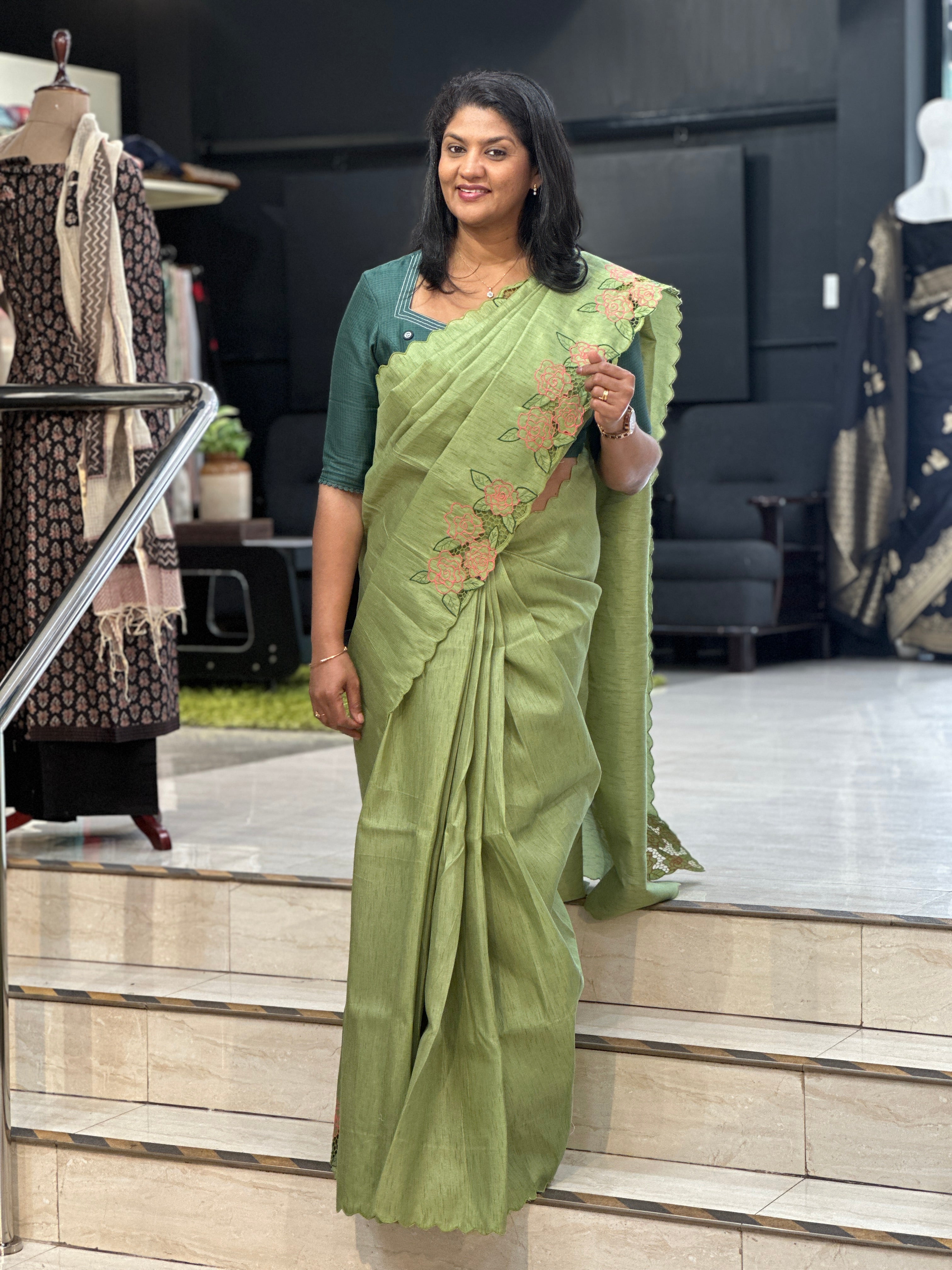 Floral Twine Cut Work Semi Tussar Saree | TC505