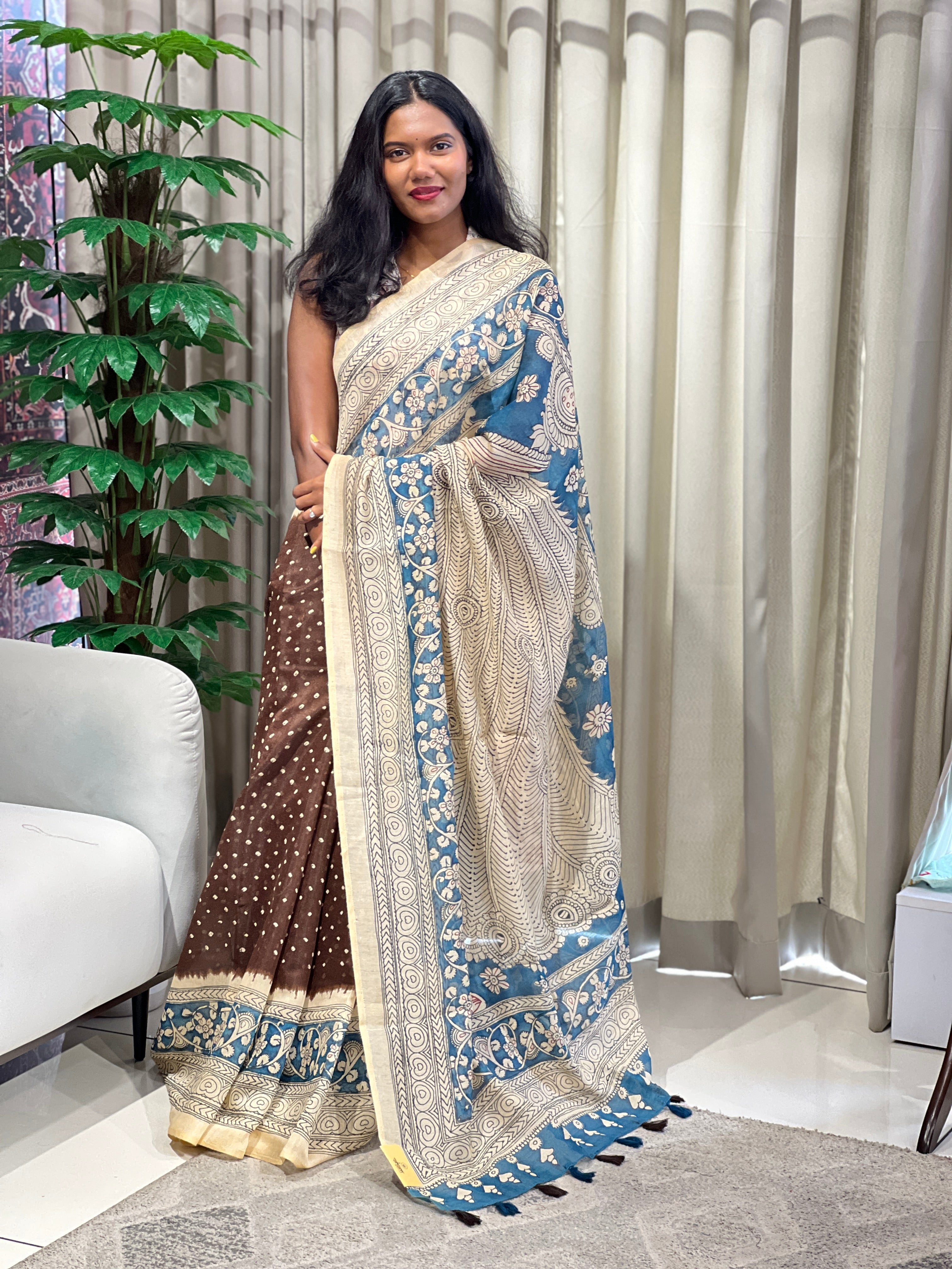 Kalamkari And Bandhani Patterned Semi Jute Saree | SSN497