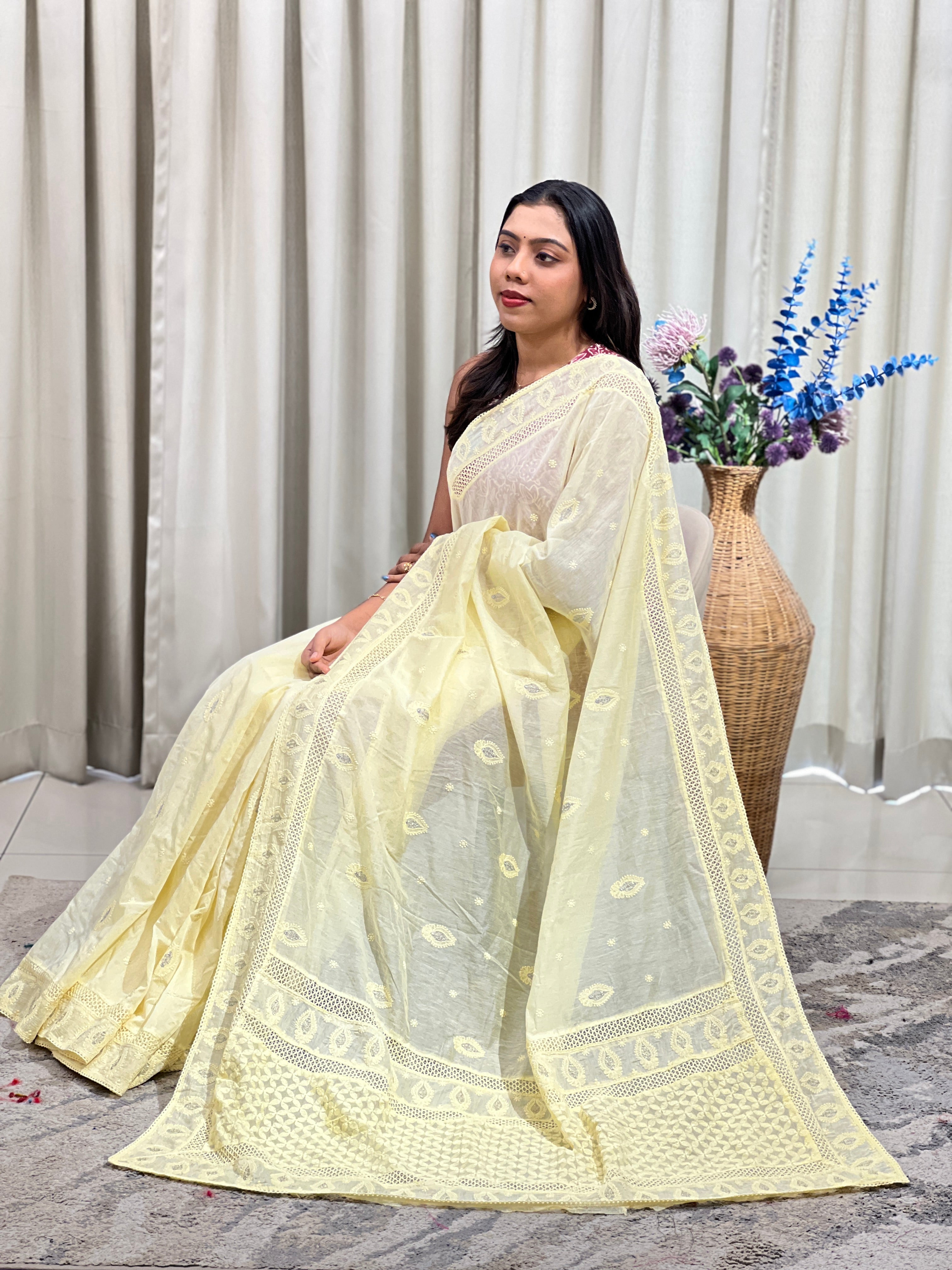 Computerized Lucknowi Embroidered Mul Chanderi Saree |MM659