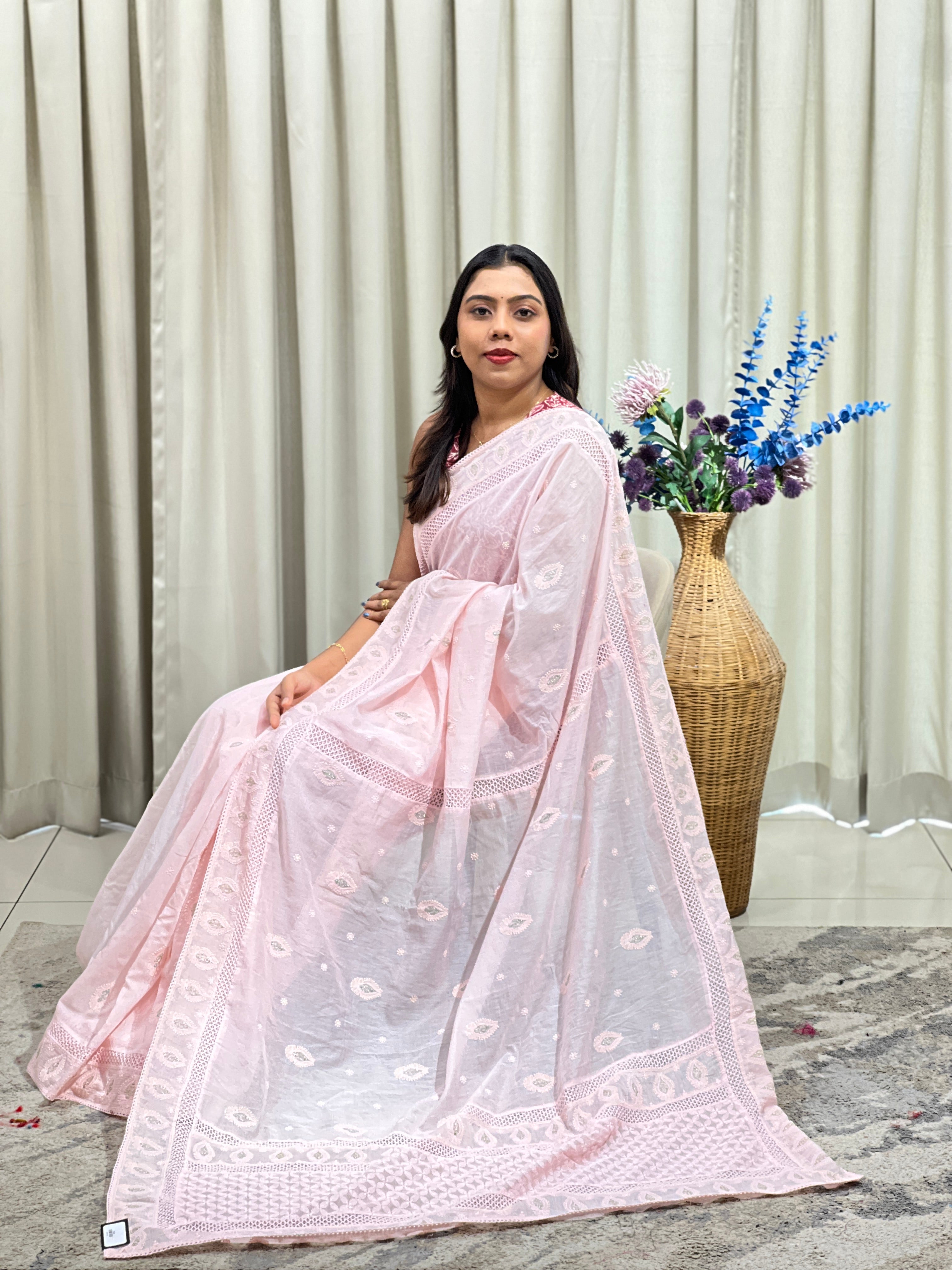 Computerized Lucknowi Embroidered Mul Chanderi Saree | MM660
