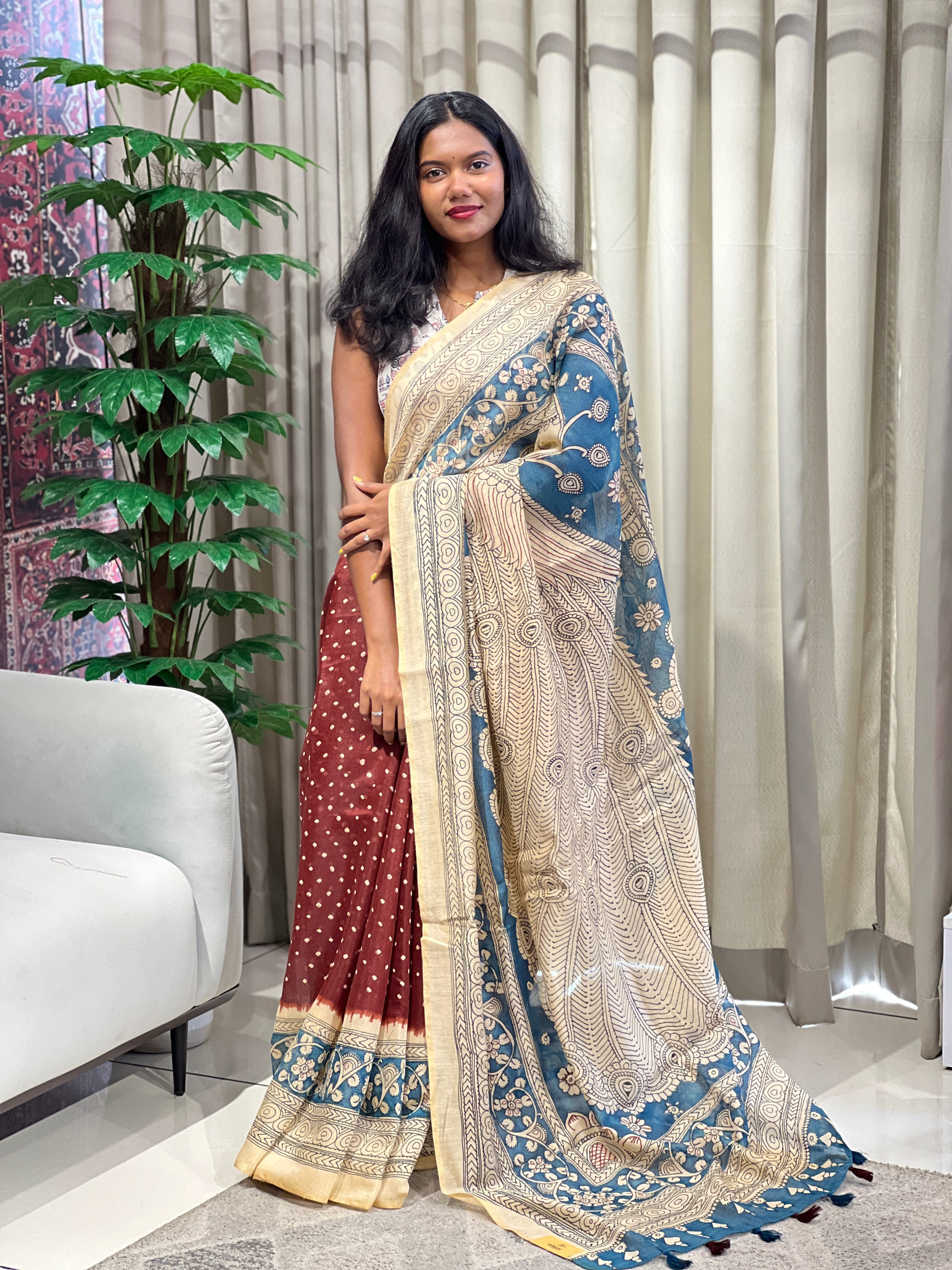 Kalamkari And Bandhani Patterned Semi Jute Saree | SSN494