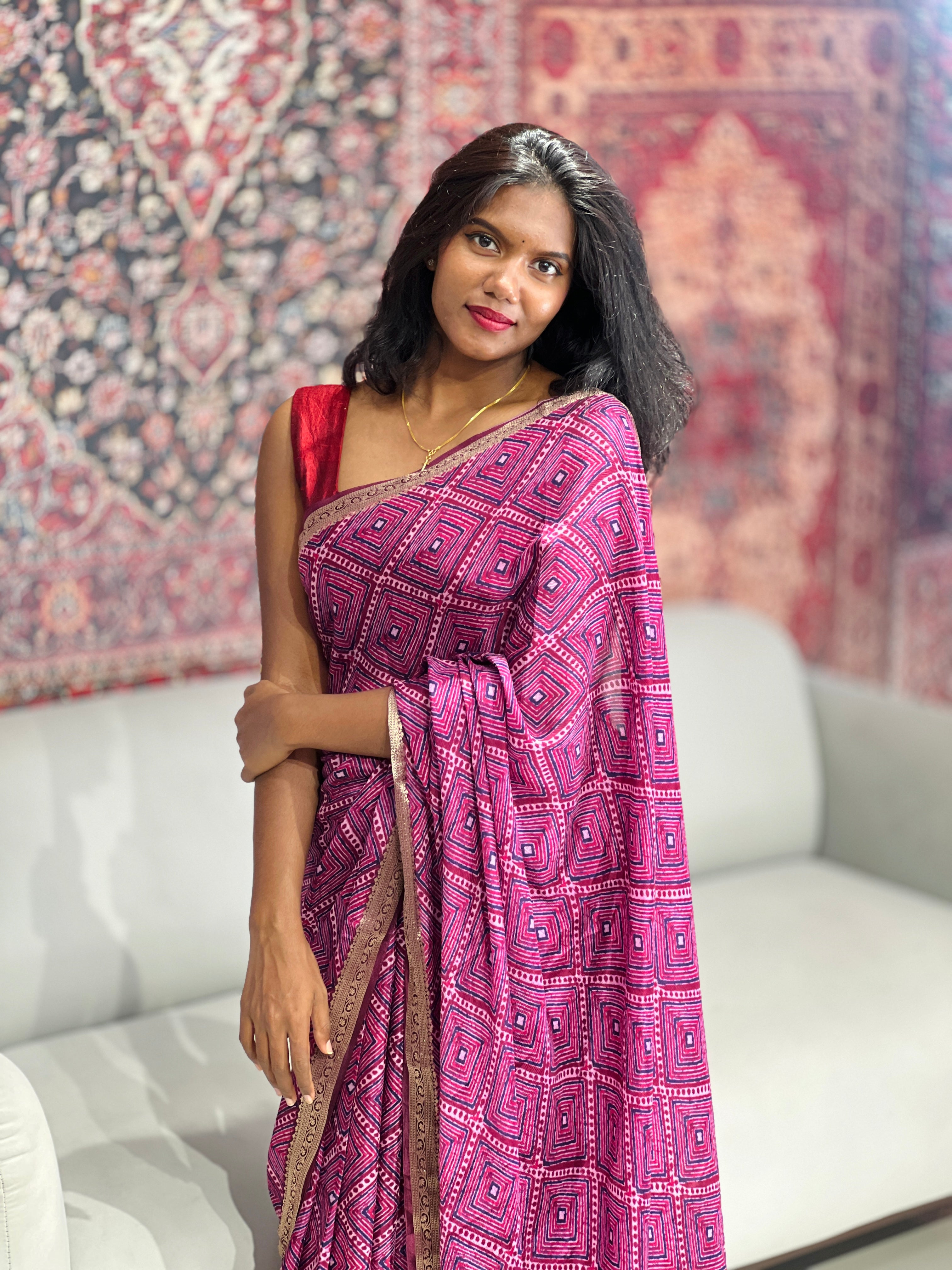 Geometric Printed Chinon Saree | SSN345