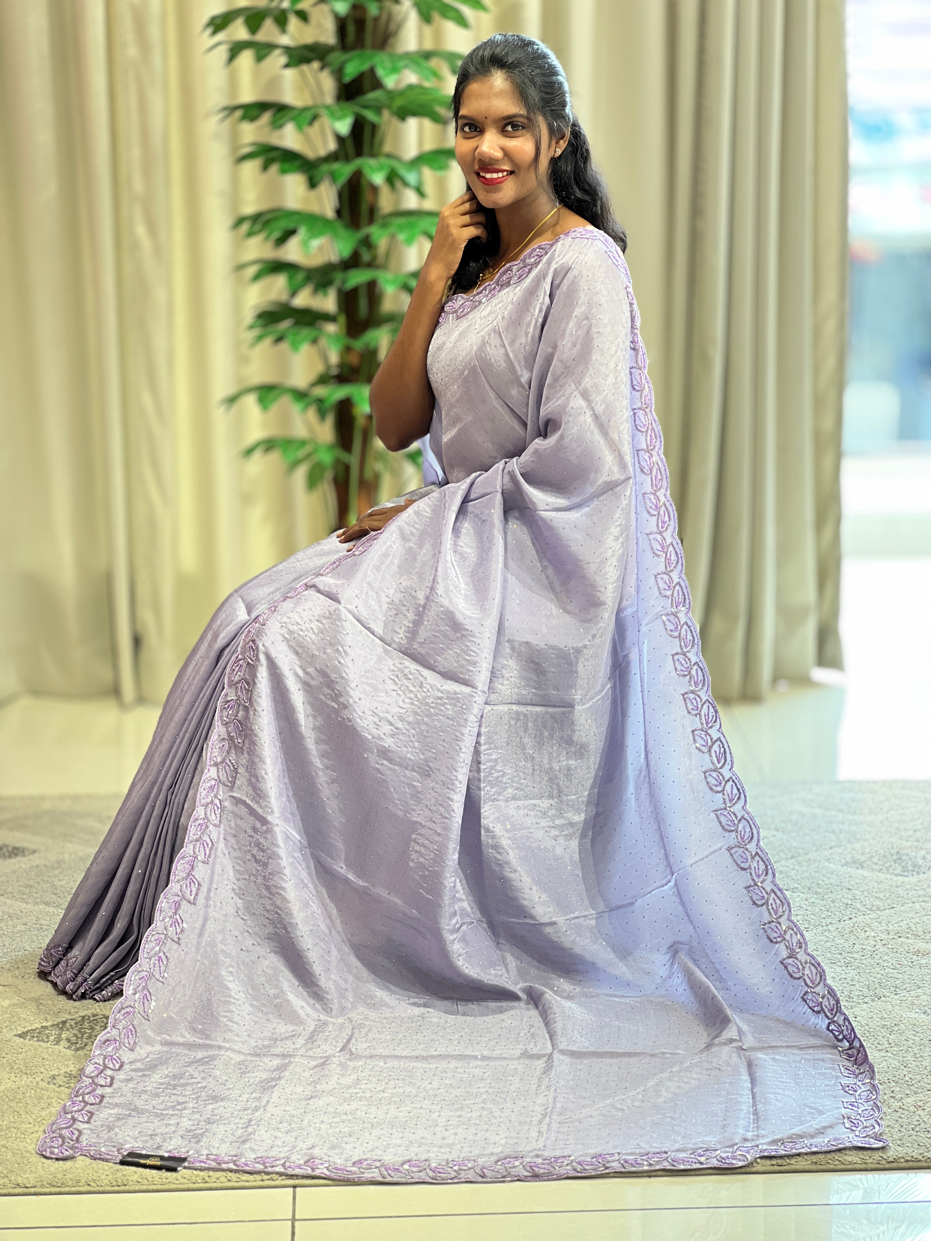 Stone Sticky With Beads Embroidery Detailed Velvet Crepe Saree | SBP976