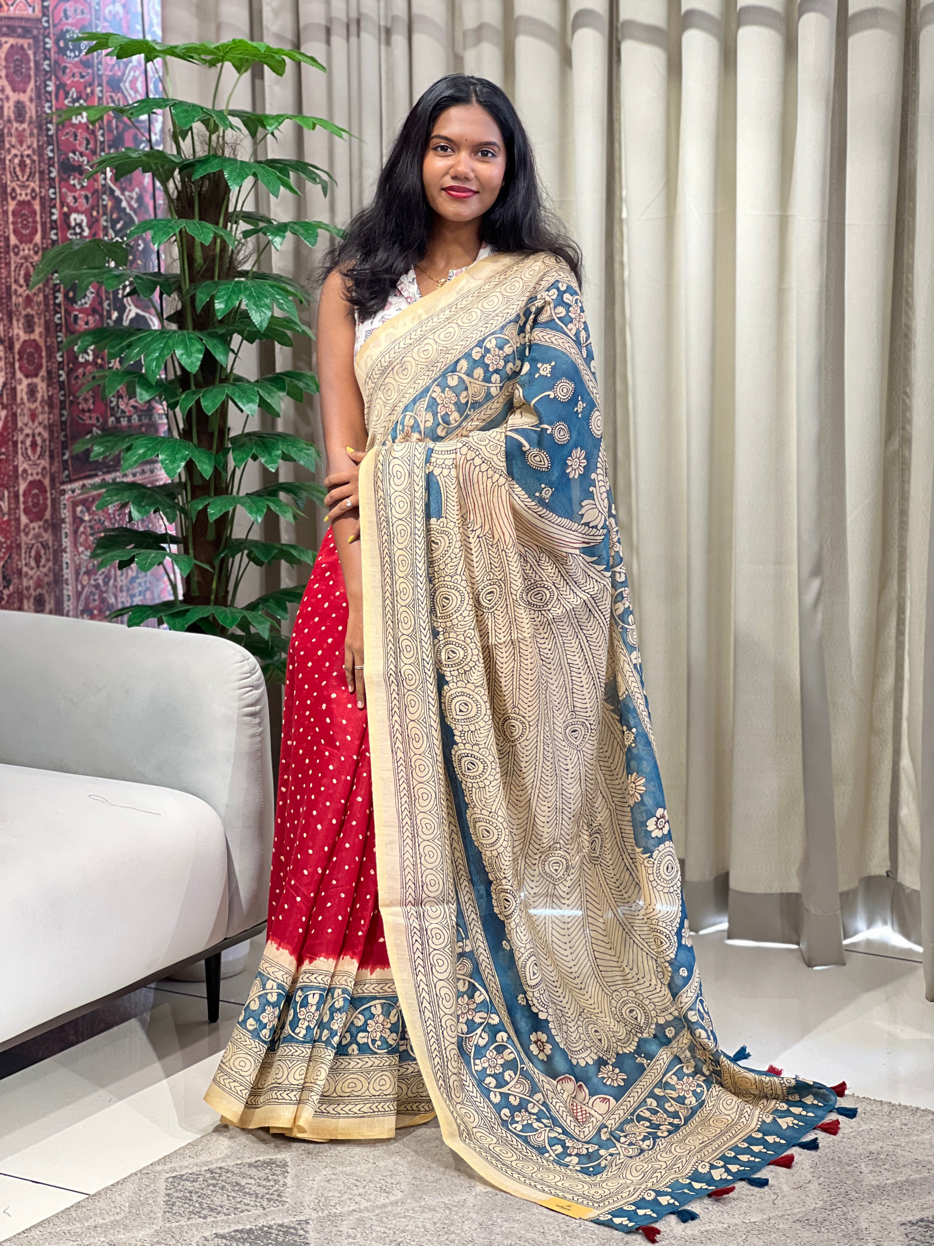 Kalamkari And Bandhani Patterned Semi Jute Saree | SSN496