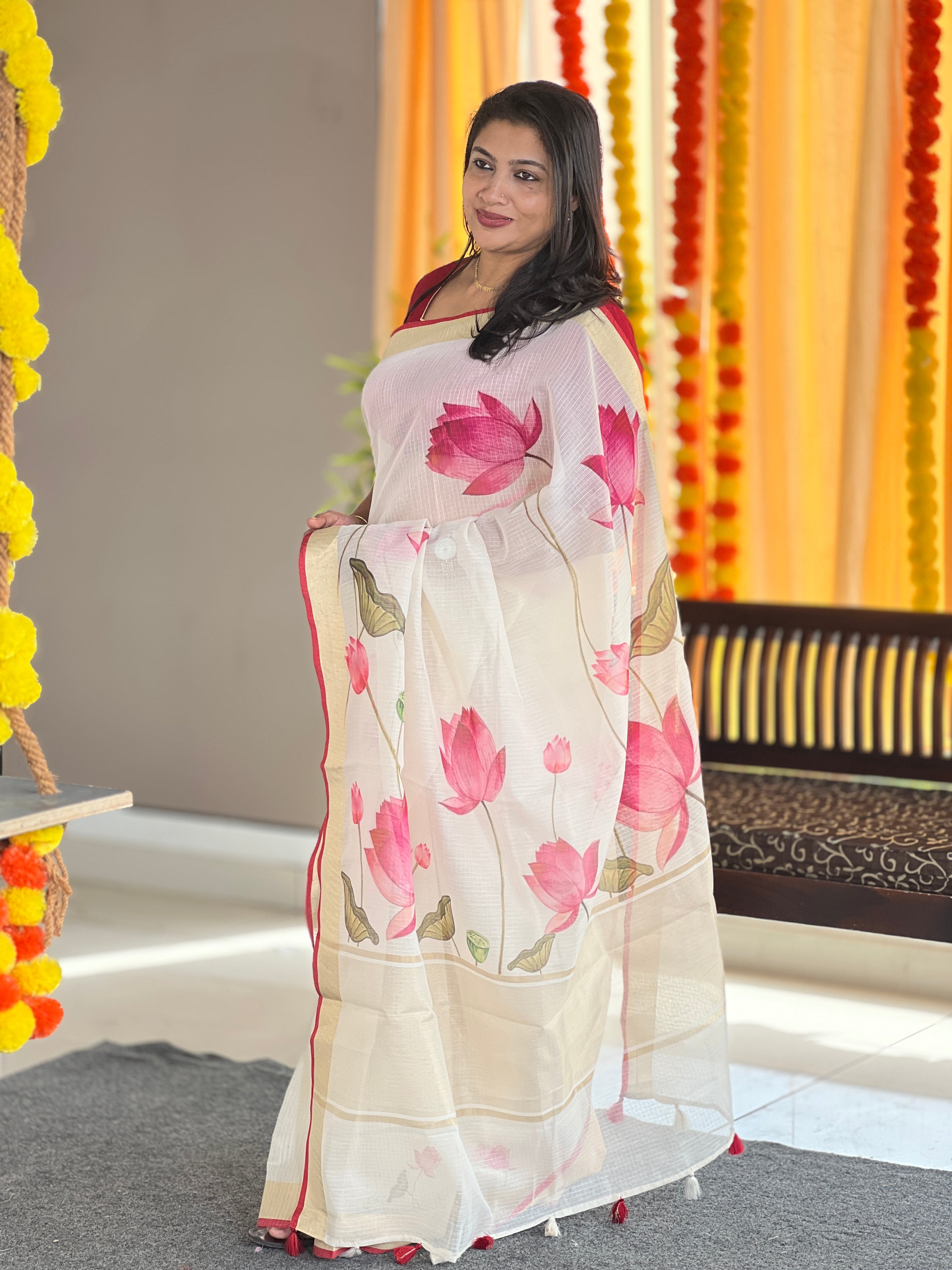 Digital Printed Lotus Patterned Banarasi Kota Saree | MR155